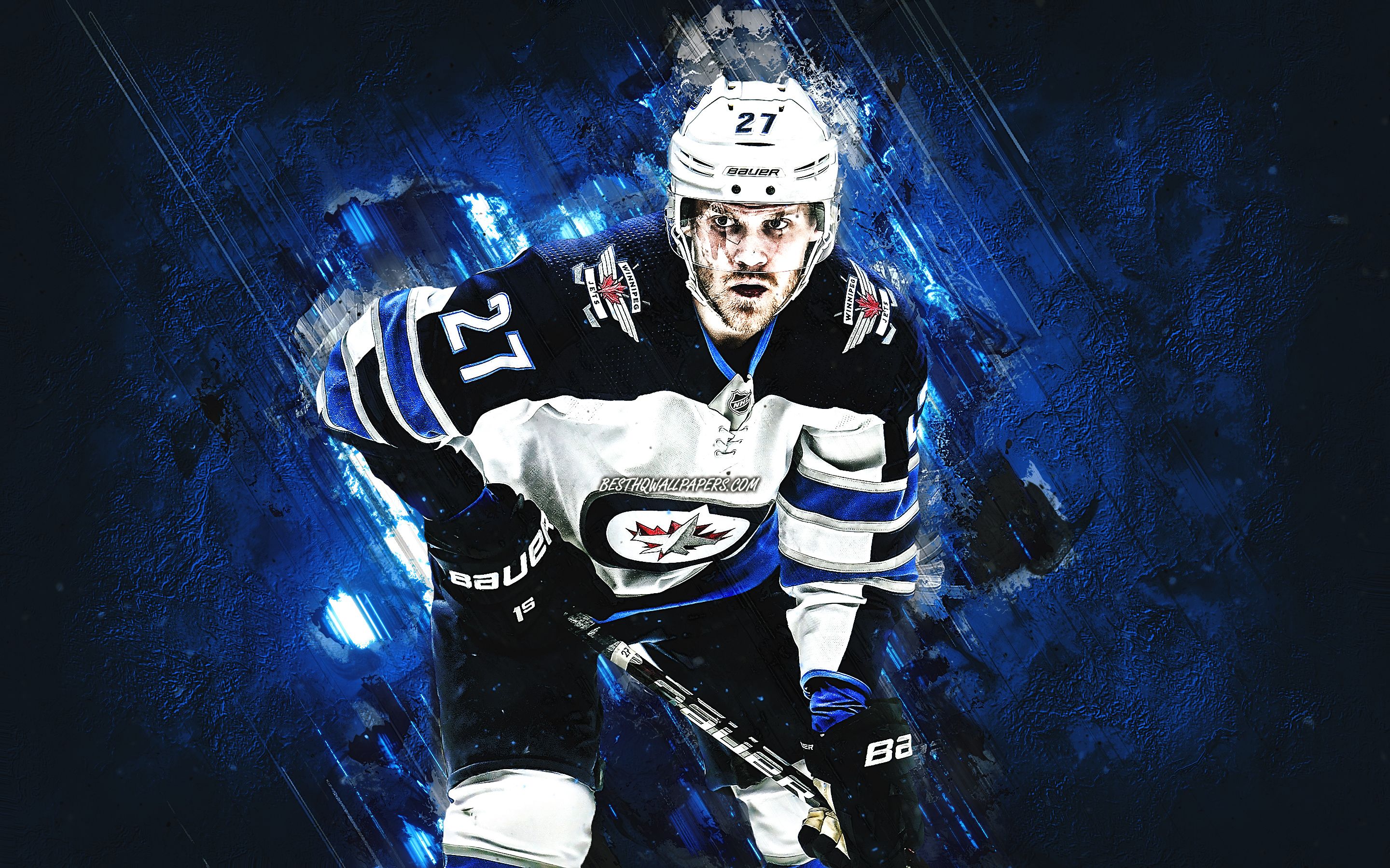 Download wallpaper Nikolaj Ehlers, Winnipeg Jets, NHL, Danish hockey player, portrait, blue stone background, National Hockey League, hockey for desktop with resolution 2880x1800. High Quality HD picture wallpaper