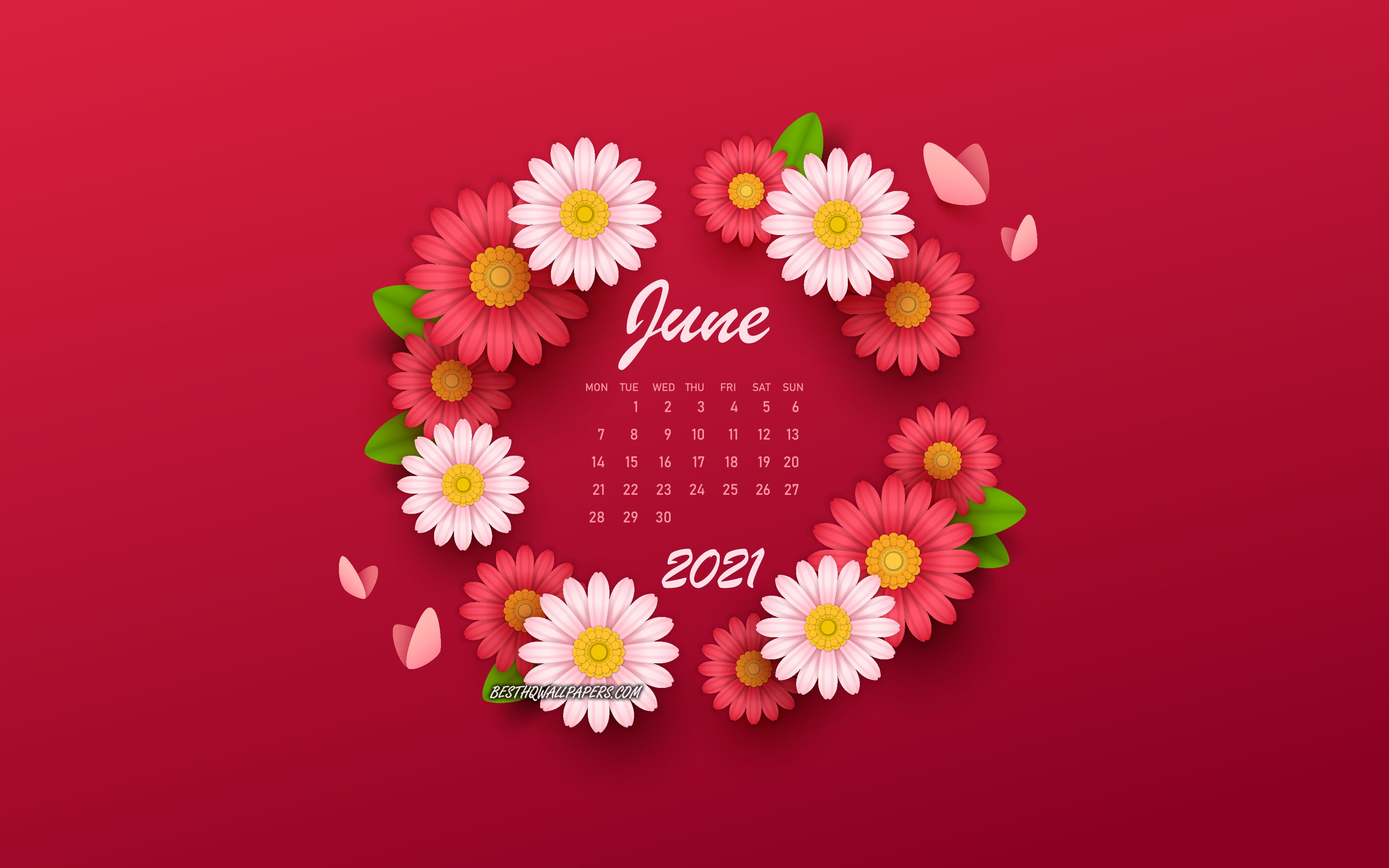 Download wallpaper 2021 June Calendar, background with flowers, 2021 summer calendars, June, 2021 calendars, June 2021 Calendar for desktop with resolution 3840x2400. High Quality HD picture wallpaper