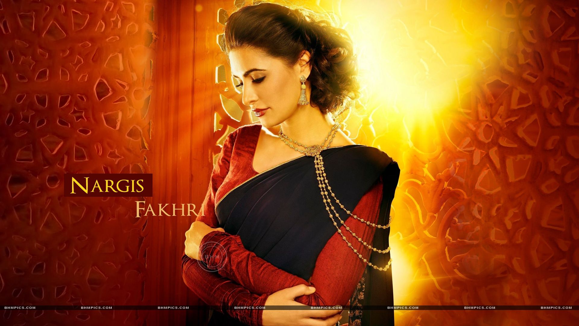 Nargis Fakhri In Black Saree Wallpaper