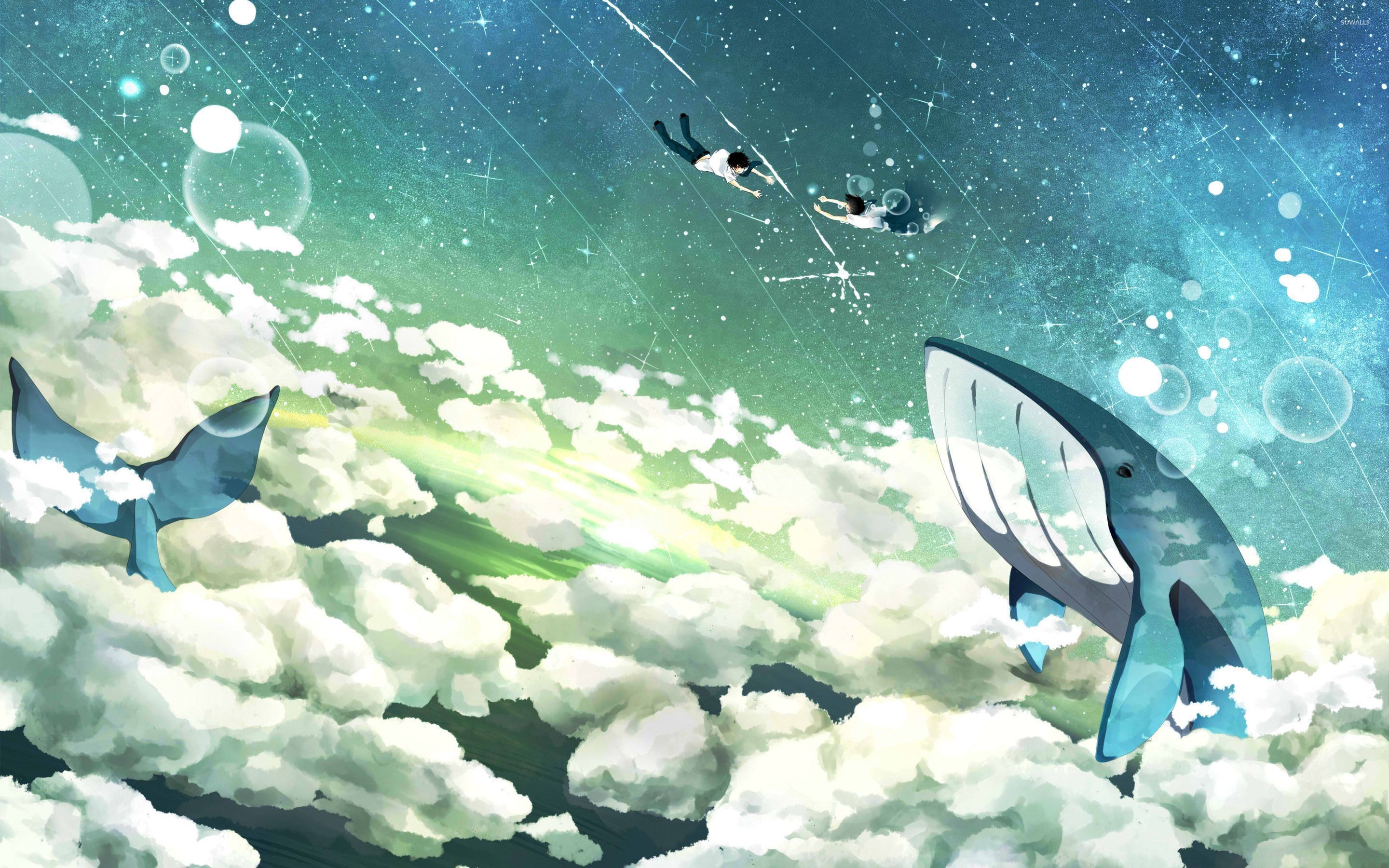 Flying whales and floating couple wallpaper wallpaper