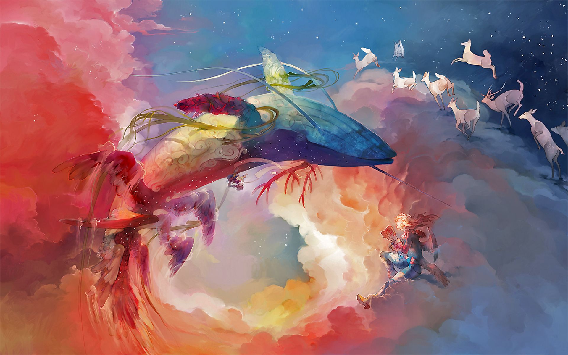 color, wings, clouds, fantasy, angel, magic, whale, surreal, sky, deer wallpaper