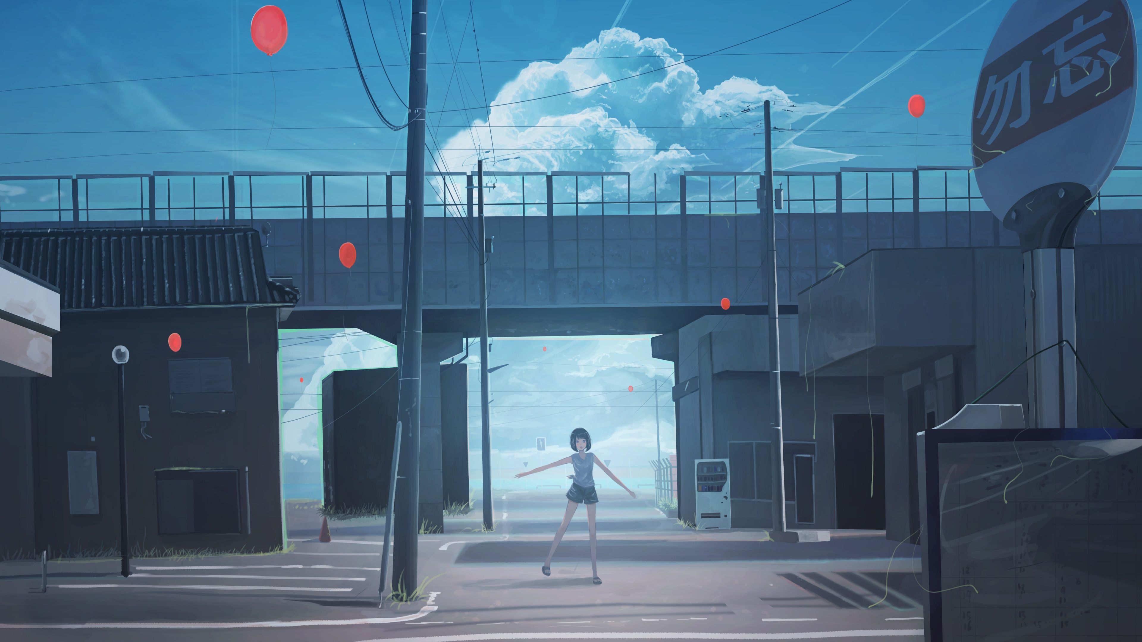 Wallpaper Anime Girl, Bridge, Scenic, Summer, Clouds, Streets