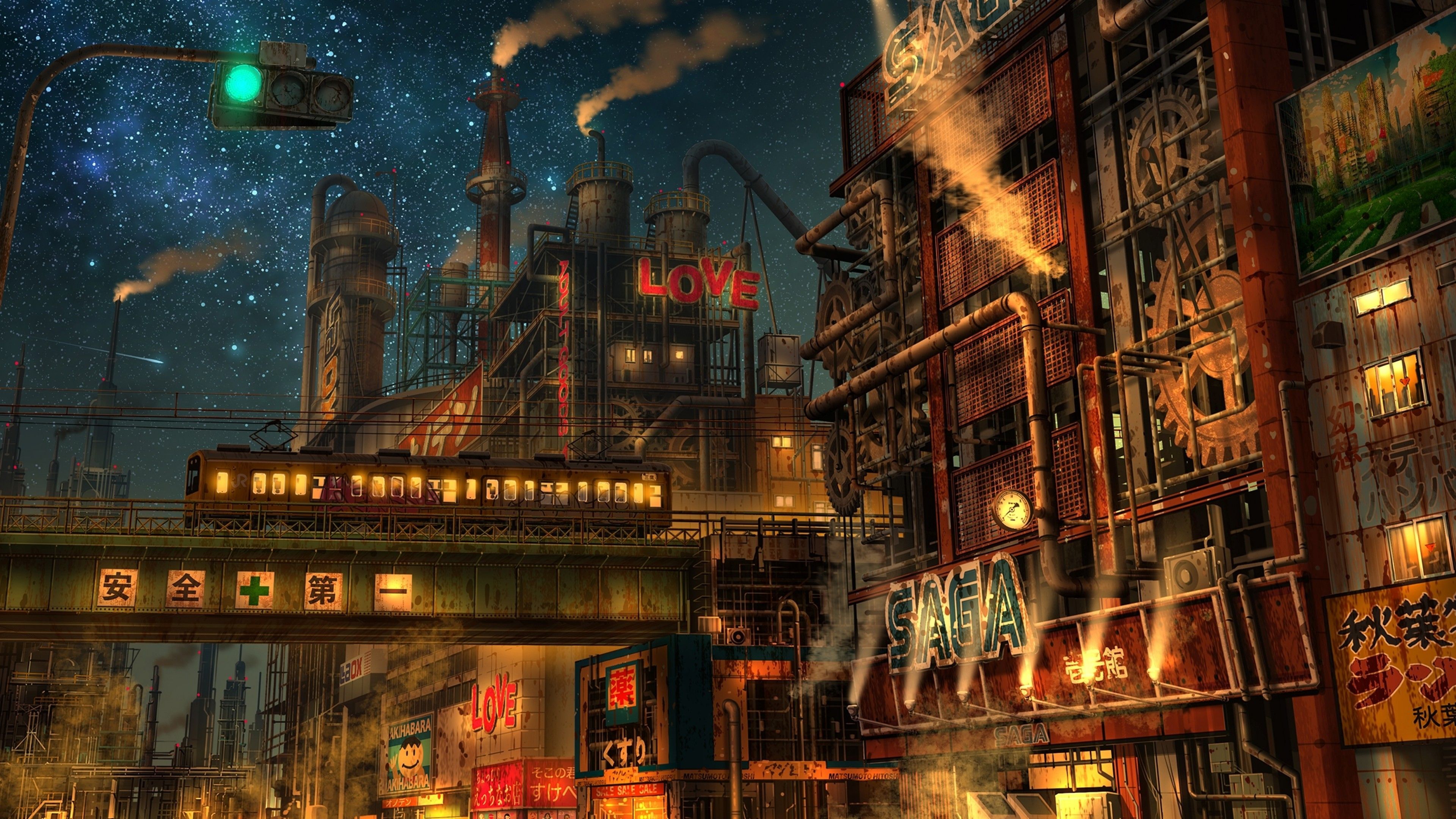 Download 3840x2160 Anime Industrial City, Night, Street, Train, Crescent Wallpaper for UHD TV