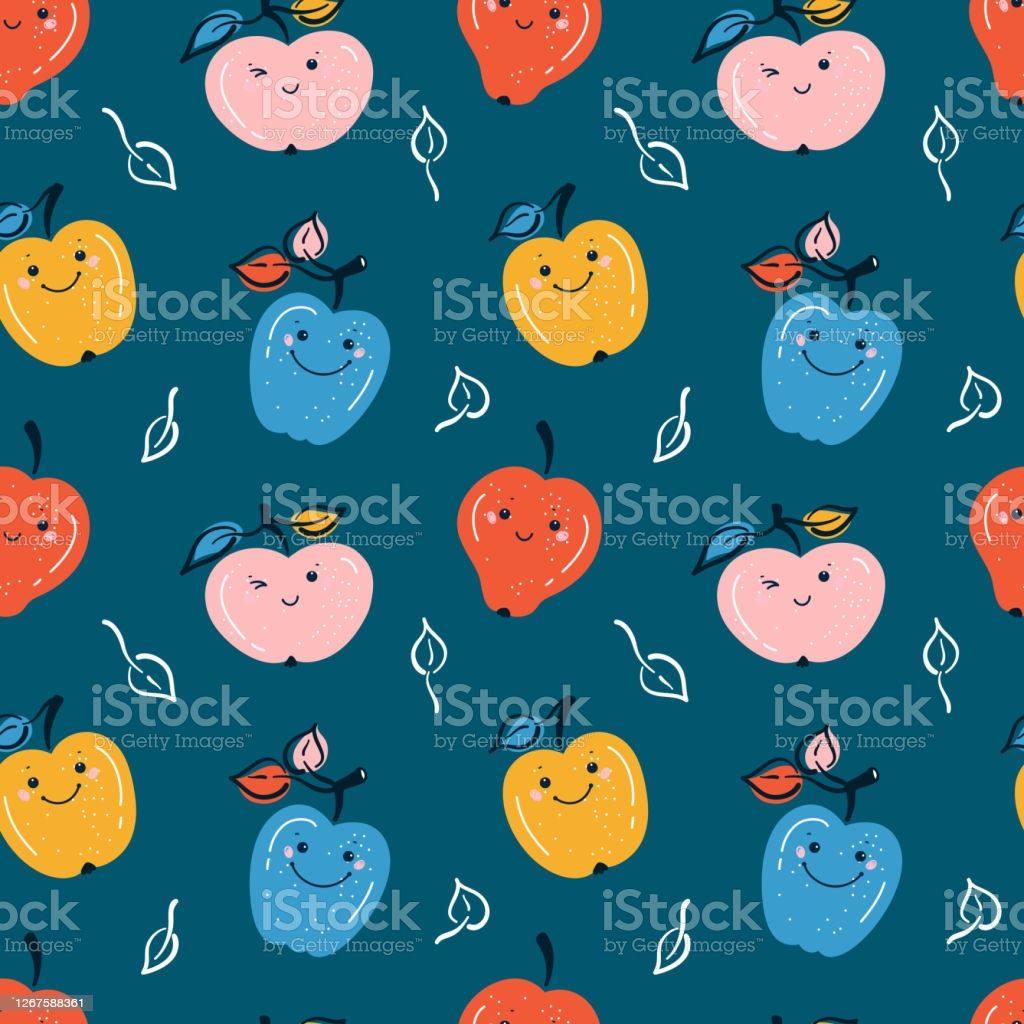Cute Apple Fruits Colorful Background Seamless Pattern With Kawaii Apples And Leaves Summer Fruit Wallpaper Healthy Food Autumn Background For Kids Stock Illustration Image Now