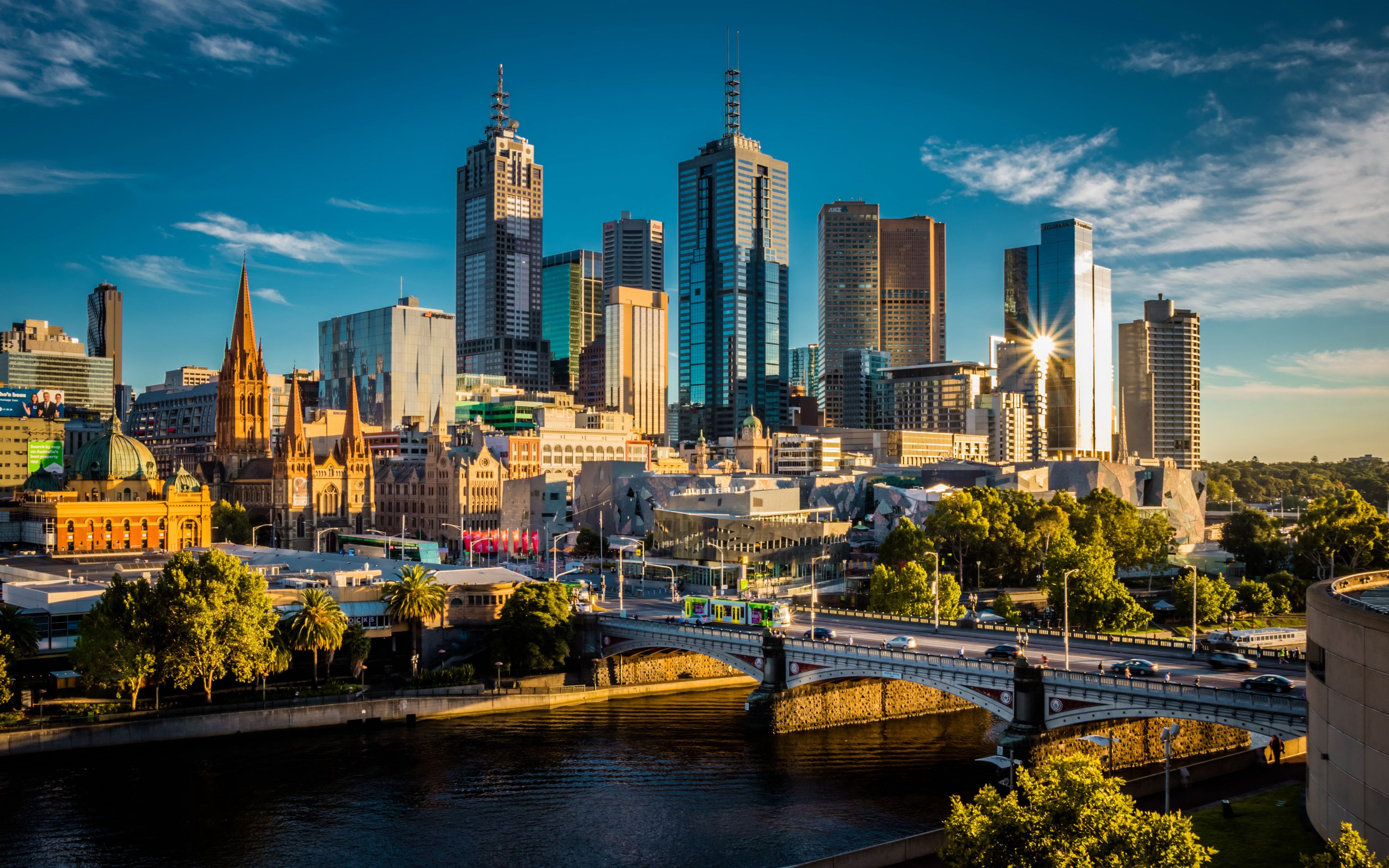 Wallpaper Melbourne Australia river Skyscrapers Trees Cities