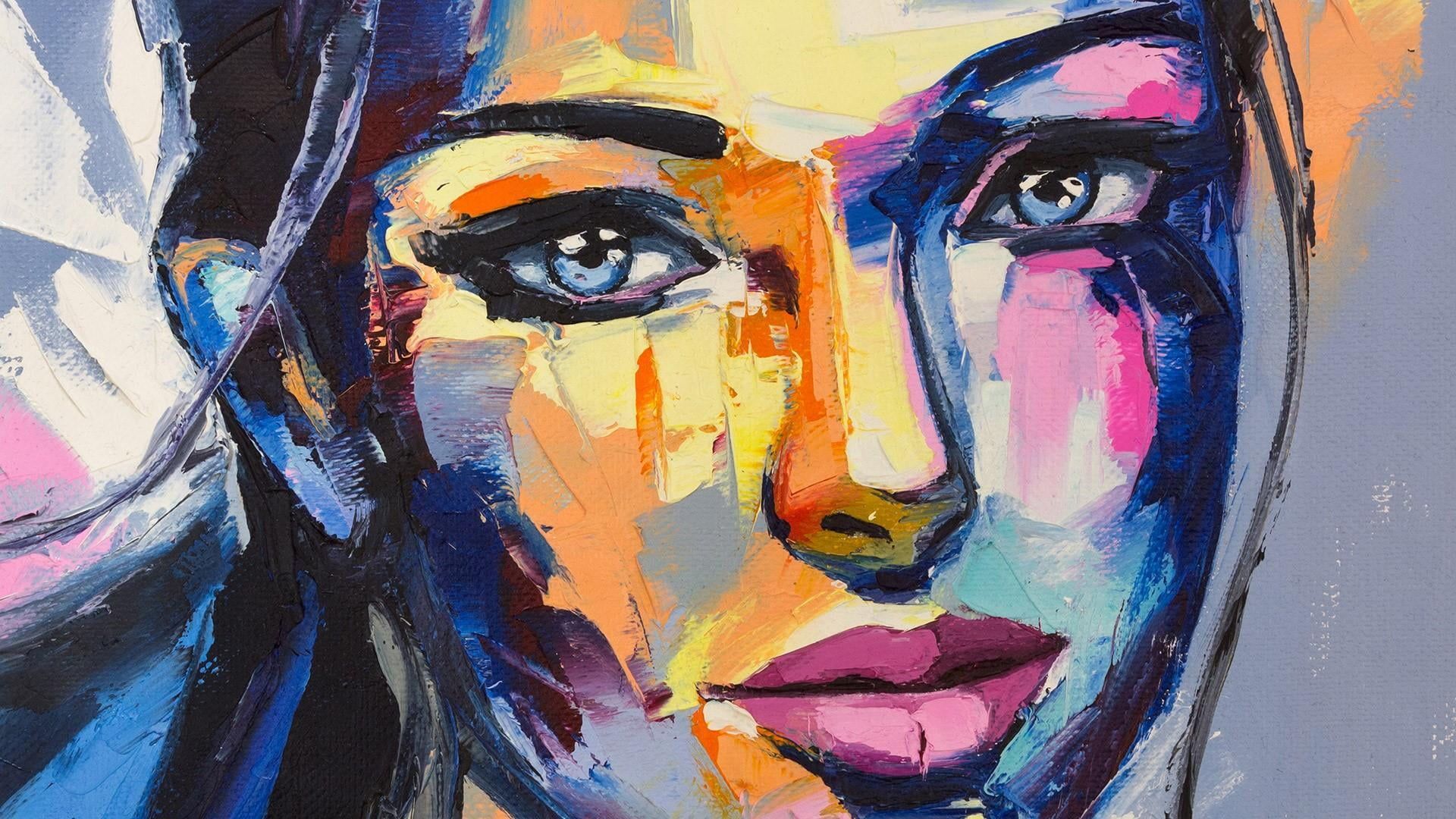 painting #beautiful #colorful #oil #brush #strokes #lips blue eyes #eyes #look #stair #frame #woman painting art P #wallpaper. Painting, Art, Art painting