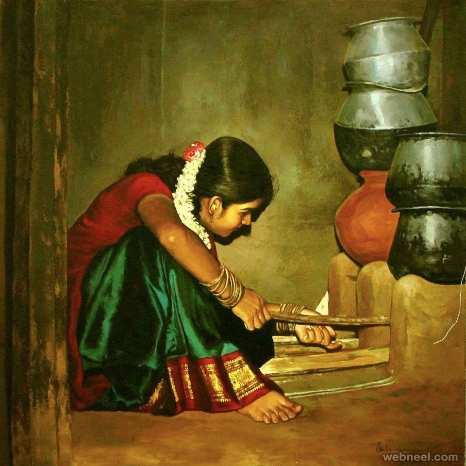 Beautiful Rural Indian Women Paintings by Tamilnadu artist ilayaraja