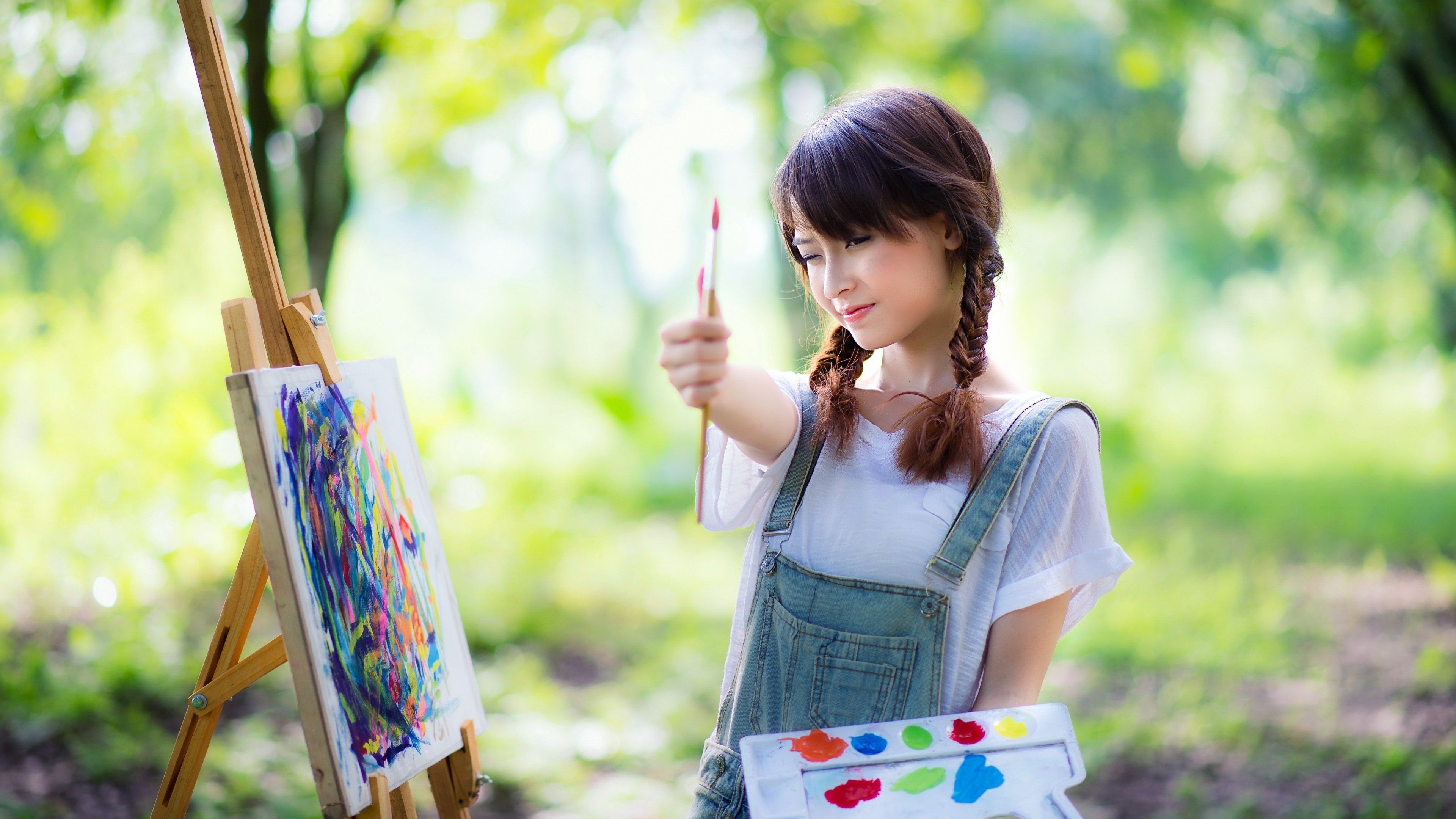 Wallpaper, sunlight, trees, painting, people, women outdoors, depth of field, T shirt, long hair, abstract, nature, brunette, grass, Asian, dress, jeans, green, paintbrushes, picnic, spring, Person, play, painters, thumbs up, easel