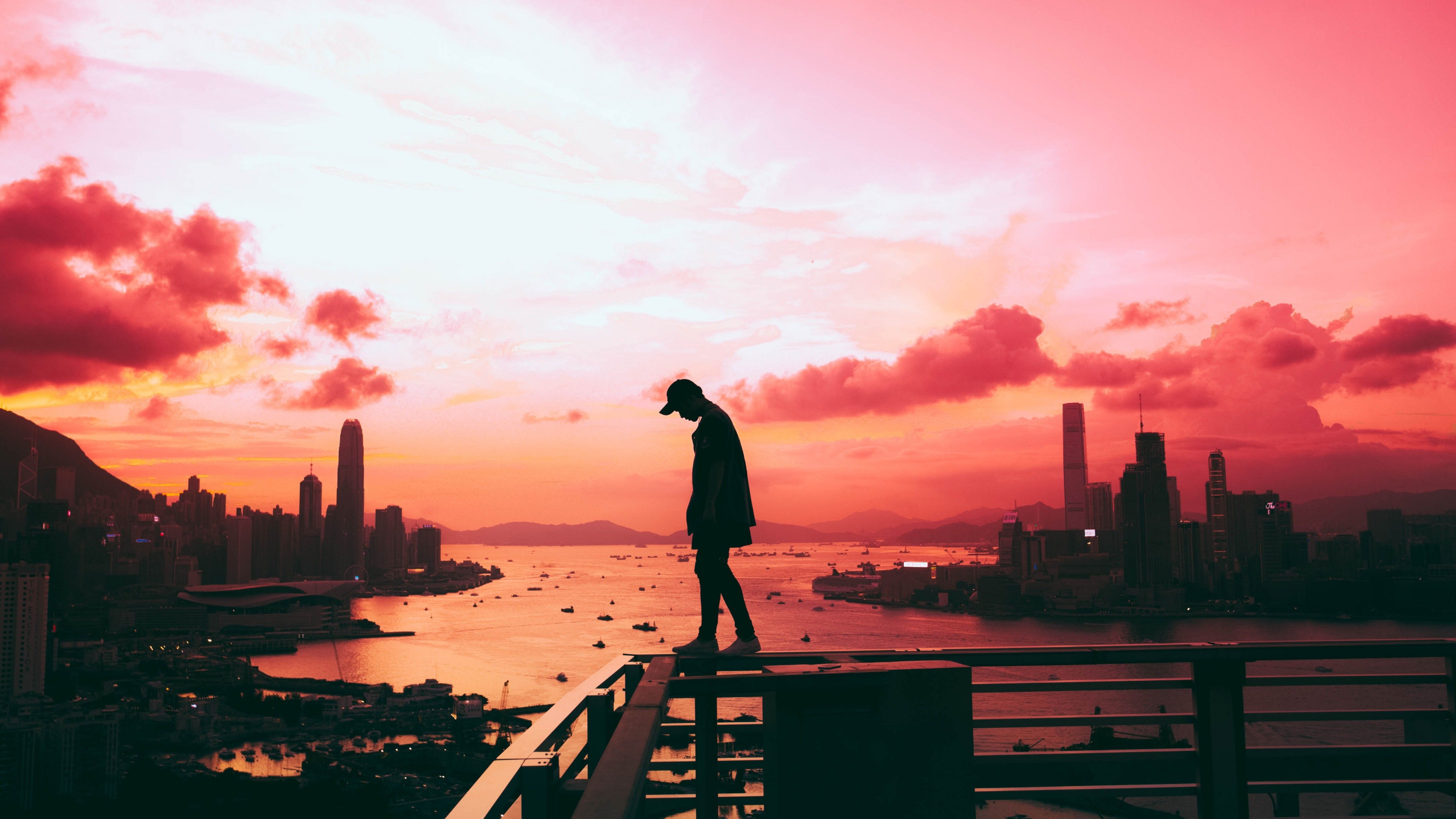 Alone 4K Wallpaper, Silhouette, Cityscape, Hong Kong City, Pink sky, Skyscrapers, River, Lifestyle