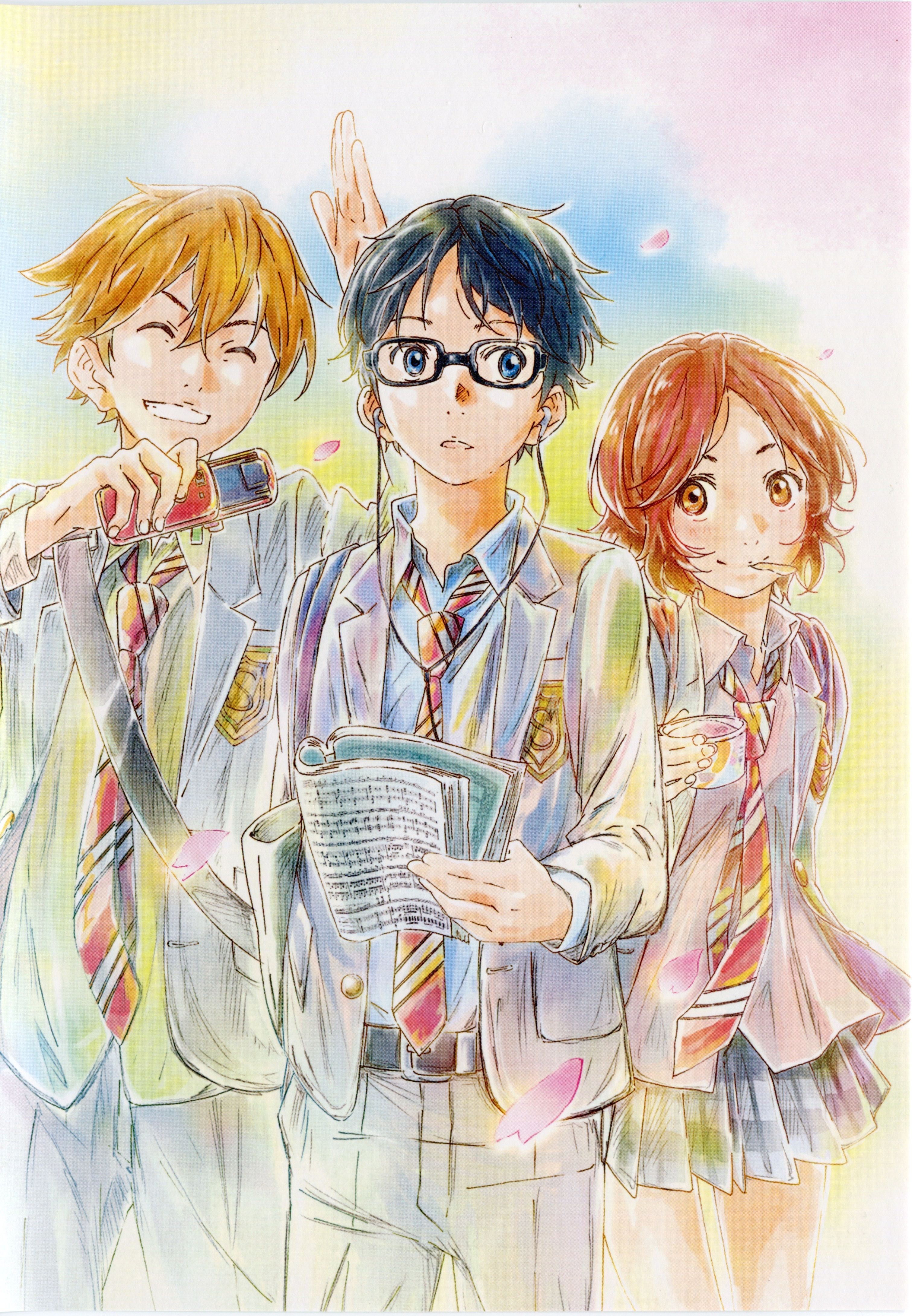 Shigatsu wa kimi no uso, Your Lie in April, Kousei, Tsubaki, Watari. Your lie in april, Anime, Anime art