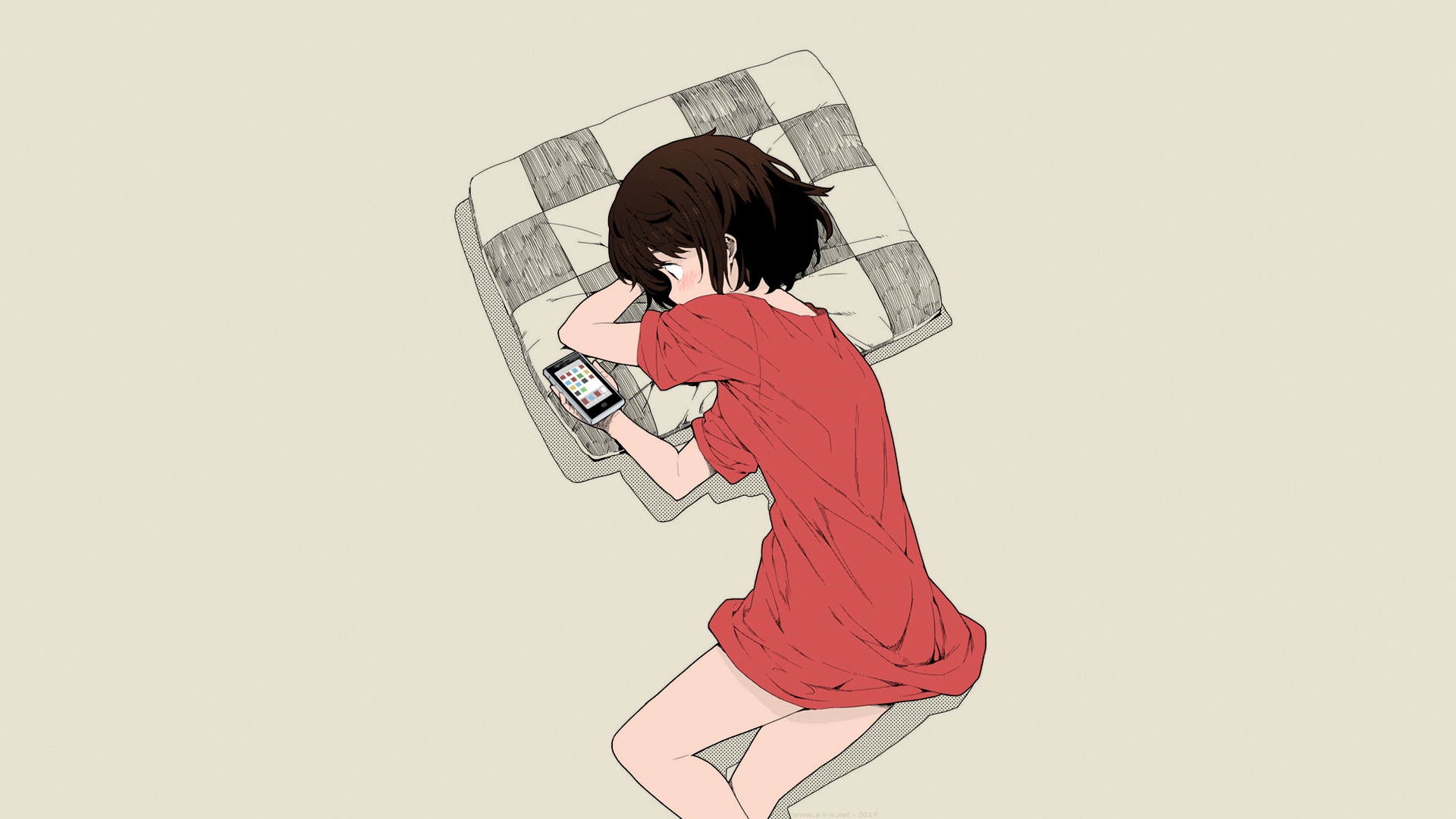 Wallpaper / Kono Bijutsubu ni wa Mondai ga Aru!, Usami Mizuki, short hair, brunette, phone, shirt, anime, manga, anime girls, top view