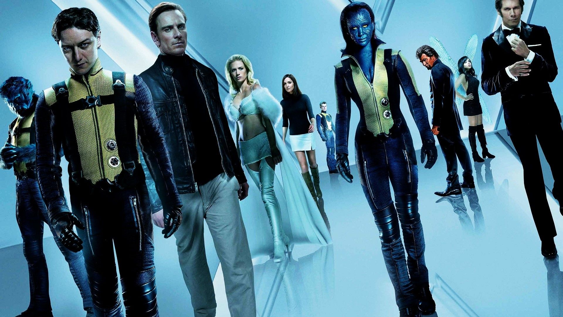 Wallpaper, Michael Fassbender, movies, fashion, X Men, Jennifer Lawrence, Charles Xavier, spring, Magneto, Mystique, James McAvoy, Emma Frost, Beast character, X Men First Class, musical theatre, social group 1920x1080