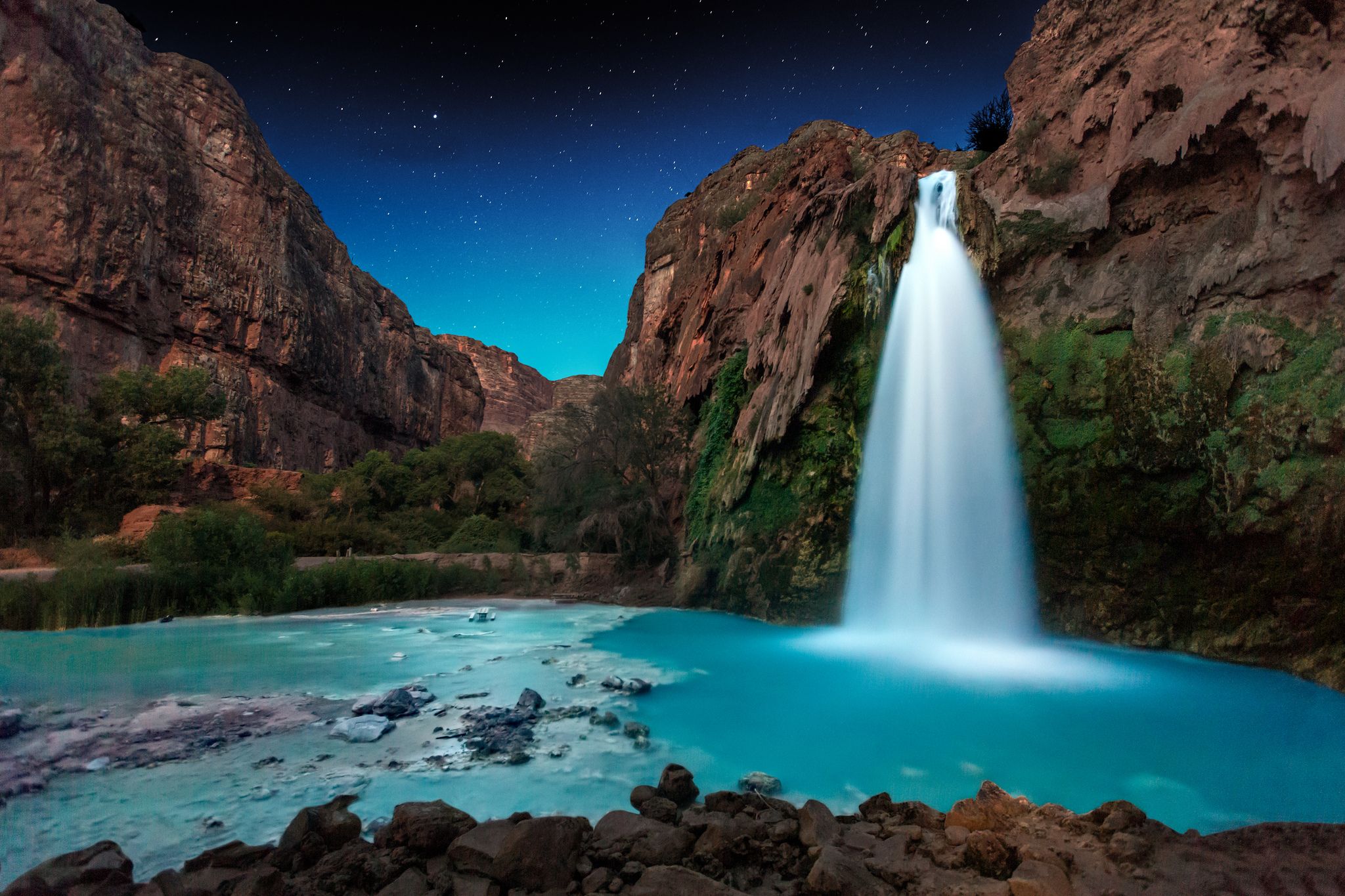 Earth Havasu Falls Night Rock Waterfall Wallpaper:2048x1365