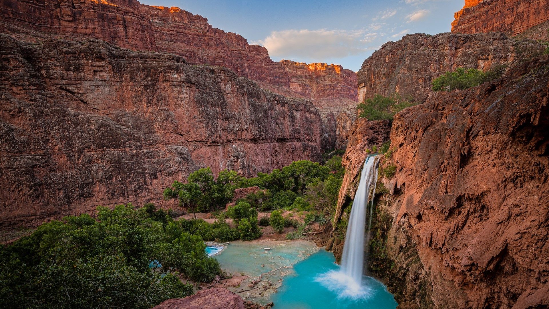 Wallpaper, nature, landscape, canyon, mountains, trees, water, waterfall, clouds, sky, rocks, long exposure, valley, Havasupai falls, Grand Canyon, Arizona, USA 1920x1080
