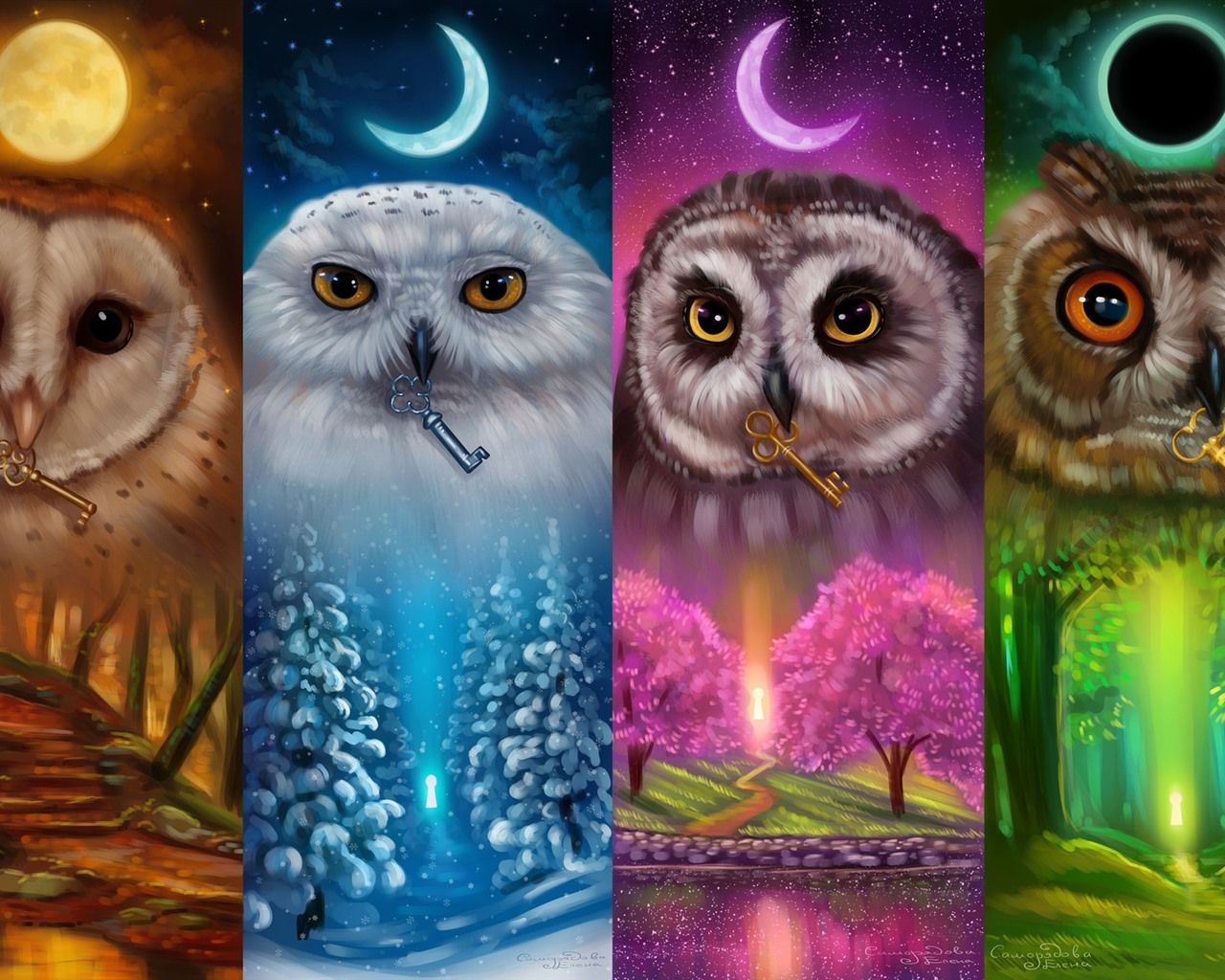 Colorful Owls, Four Season, Art Picture 640x1136 IPhone 5 5S 5C SE Wallpaper, Background, Picture, Image