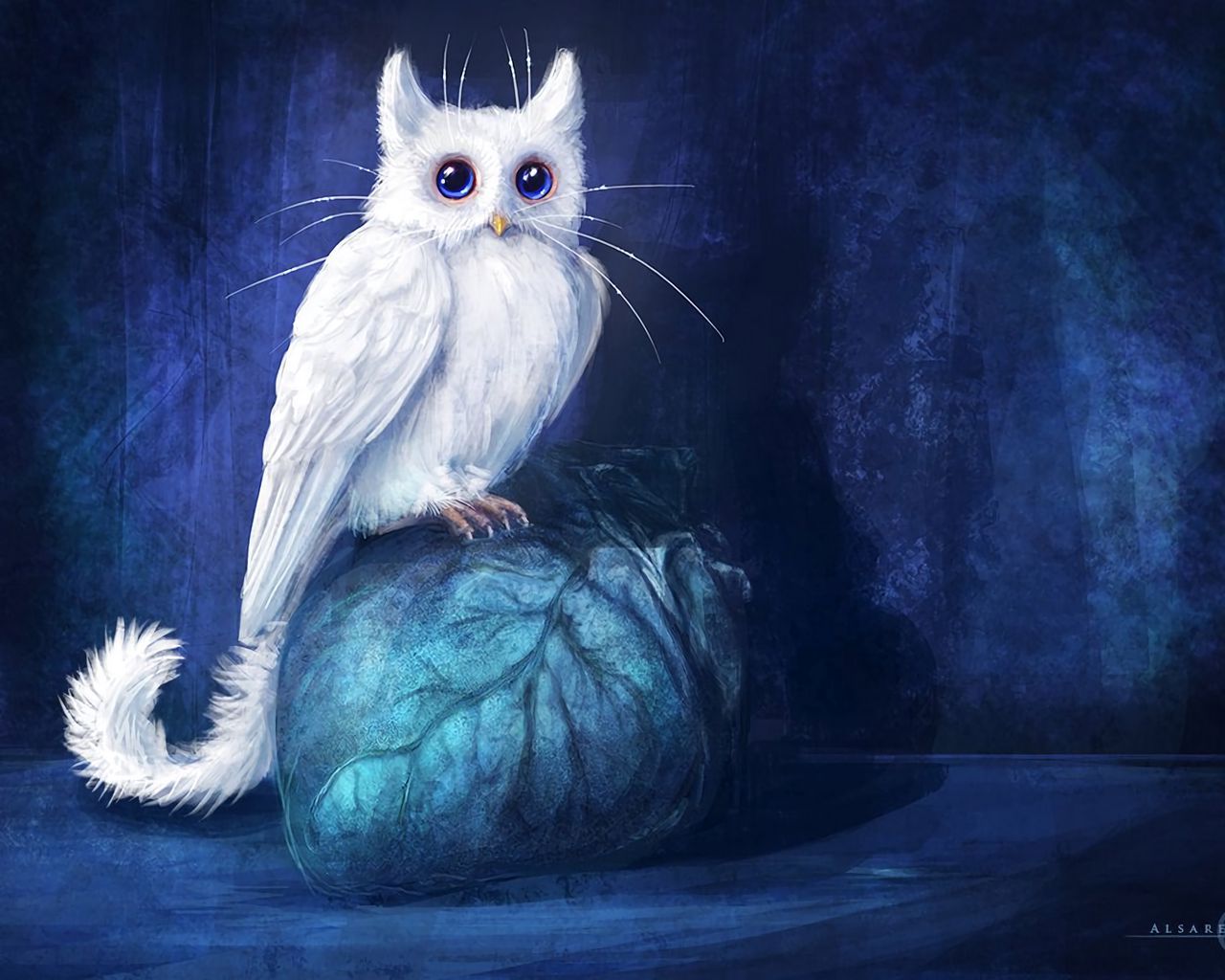Download wallpaper 1280x1024 cat, owl, art, fantasy standard 5:4 HD background