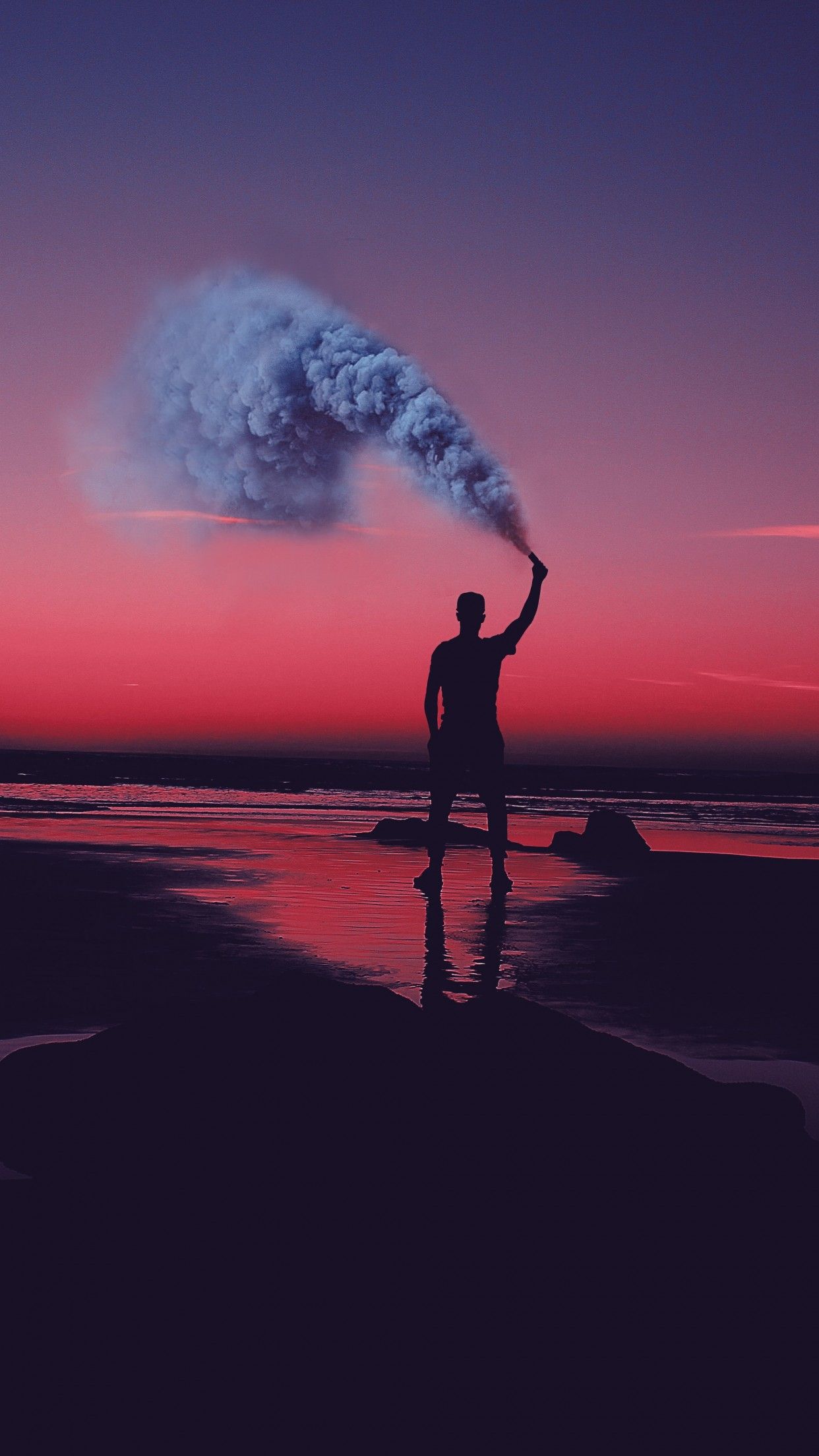 Silhouette 4K Wallpaper, Seashore, Pink sky, Man, Standing, Smoke can, Sunset, Evening sky, Photography