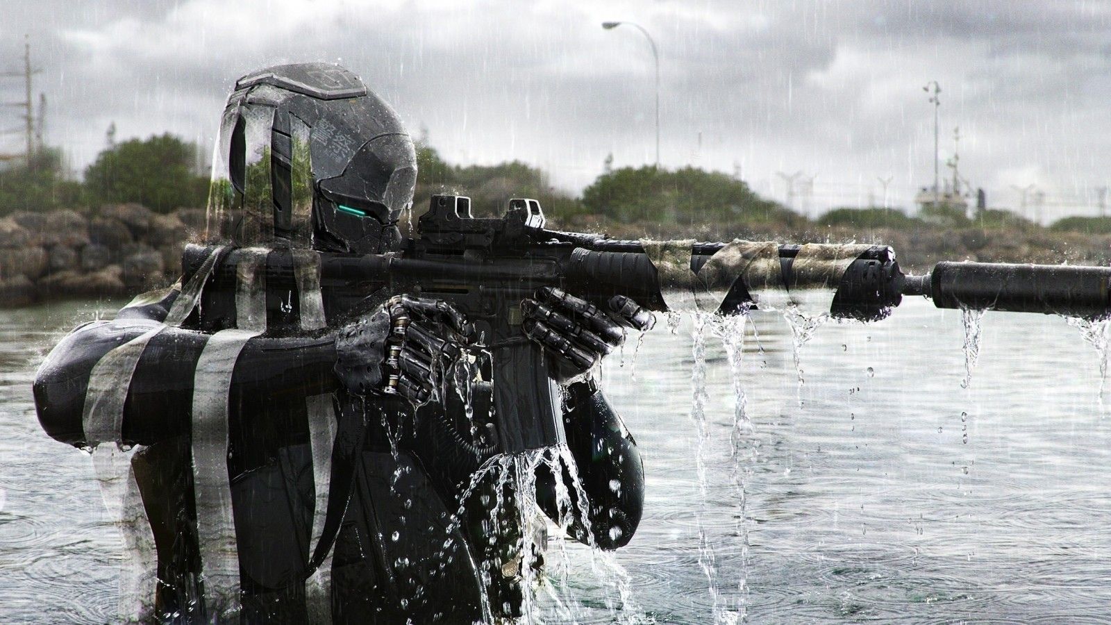 Download 1600x900 Futuristic Soldier, Robot, Camouflage, Sci Fi, Lake Wallpaper