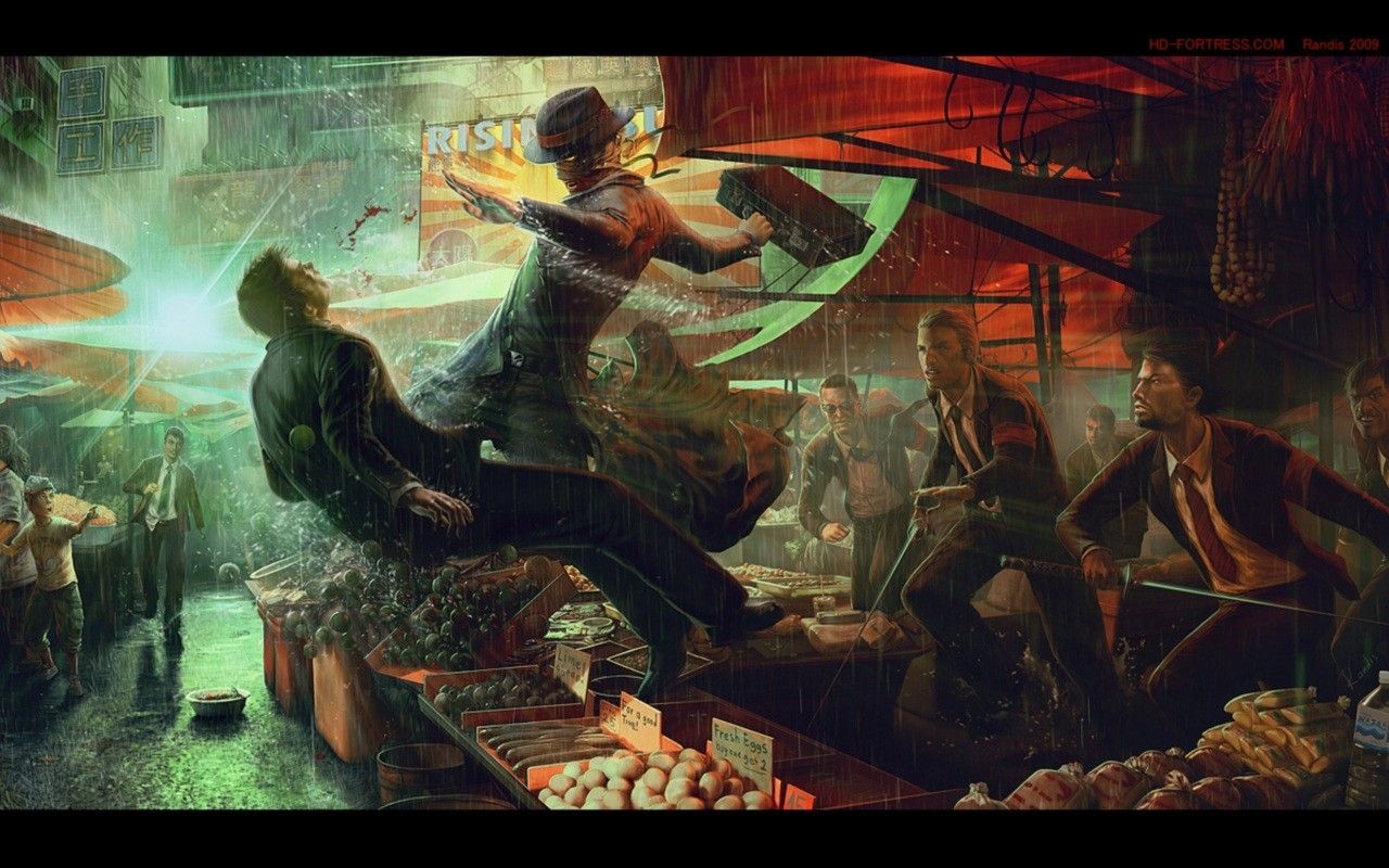 rain market fantasy art mafia martial arts swords wallet 1280x800 wallpaper