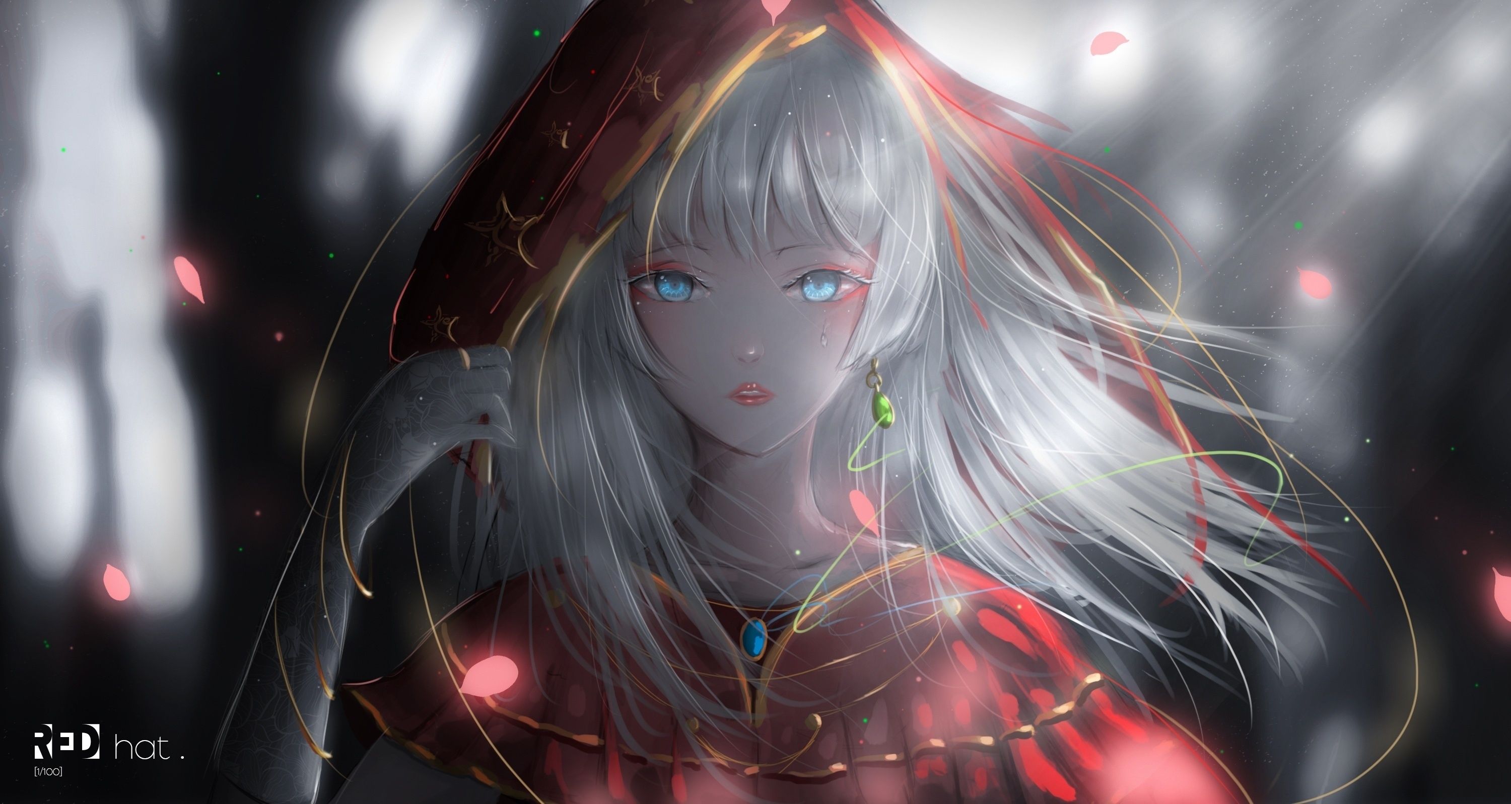 Download 3000x1598 Pretty Anime Girl, White Hair, Blue Eyes, Gloves, Earring, Red Hood, Petals Wallpaper