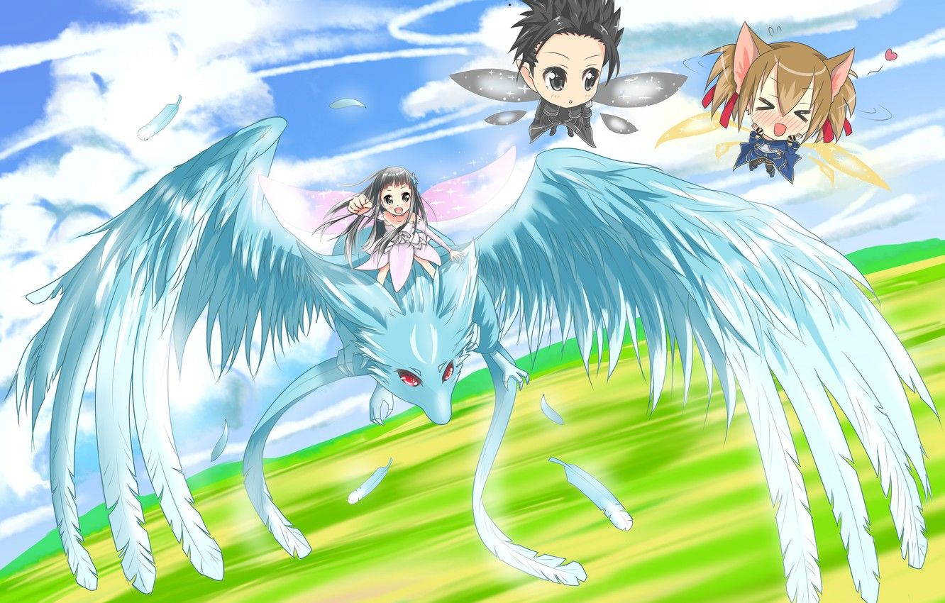 Wallpaper anime, chibi, fairy, blade, dragon, MMORPG, asian, manga, japanese, Sword Art Online, Kirito, oriental, asiatic, Yui, SAO, light novel image for desktop, section сёнэн