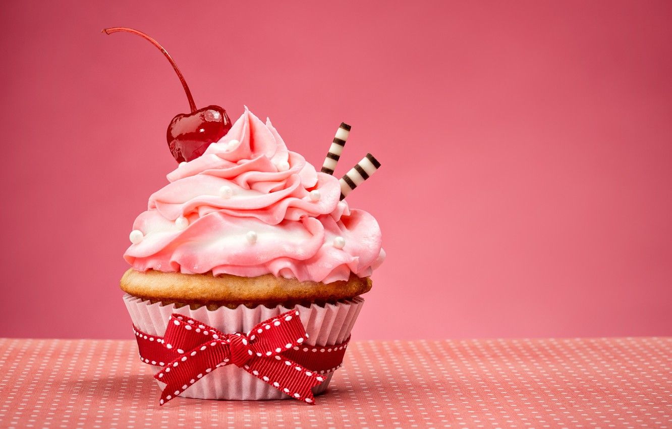 Wallpaper bow, cake, cream, Happy Birthday, pink, sweet, cupcake, cupcake, cream, dessert image for desktop, section еда