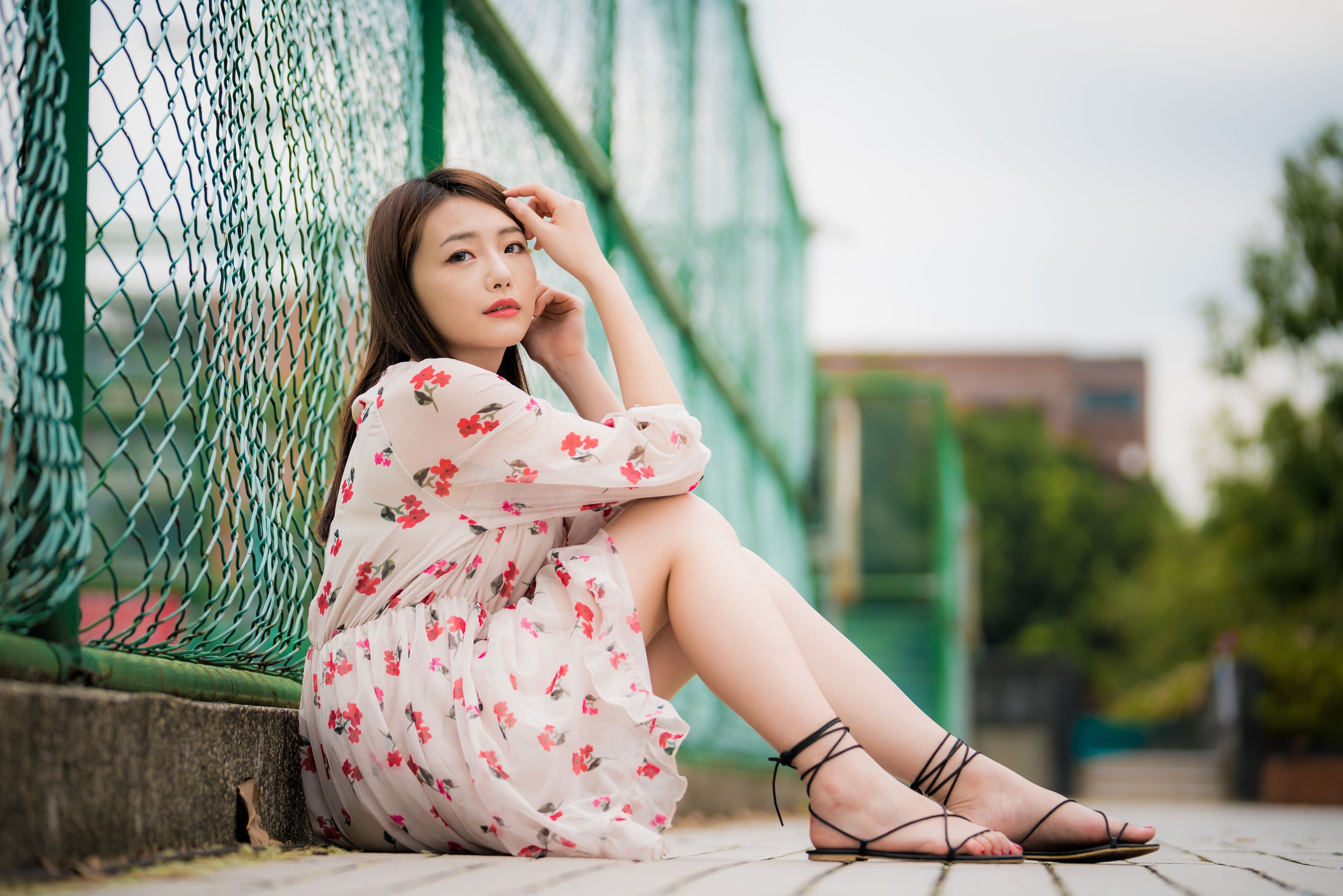 Asian Women Model Long Hair Brunette Leaning Fence Sitting Sandals Dress Wallpaper:4500x3002