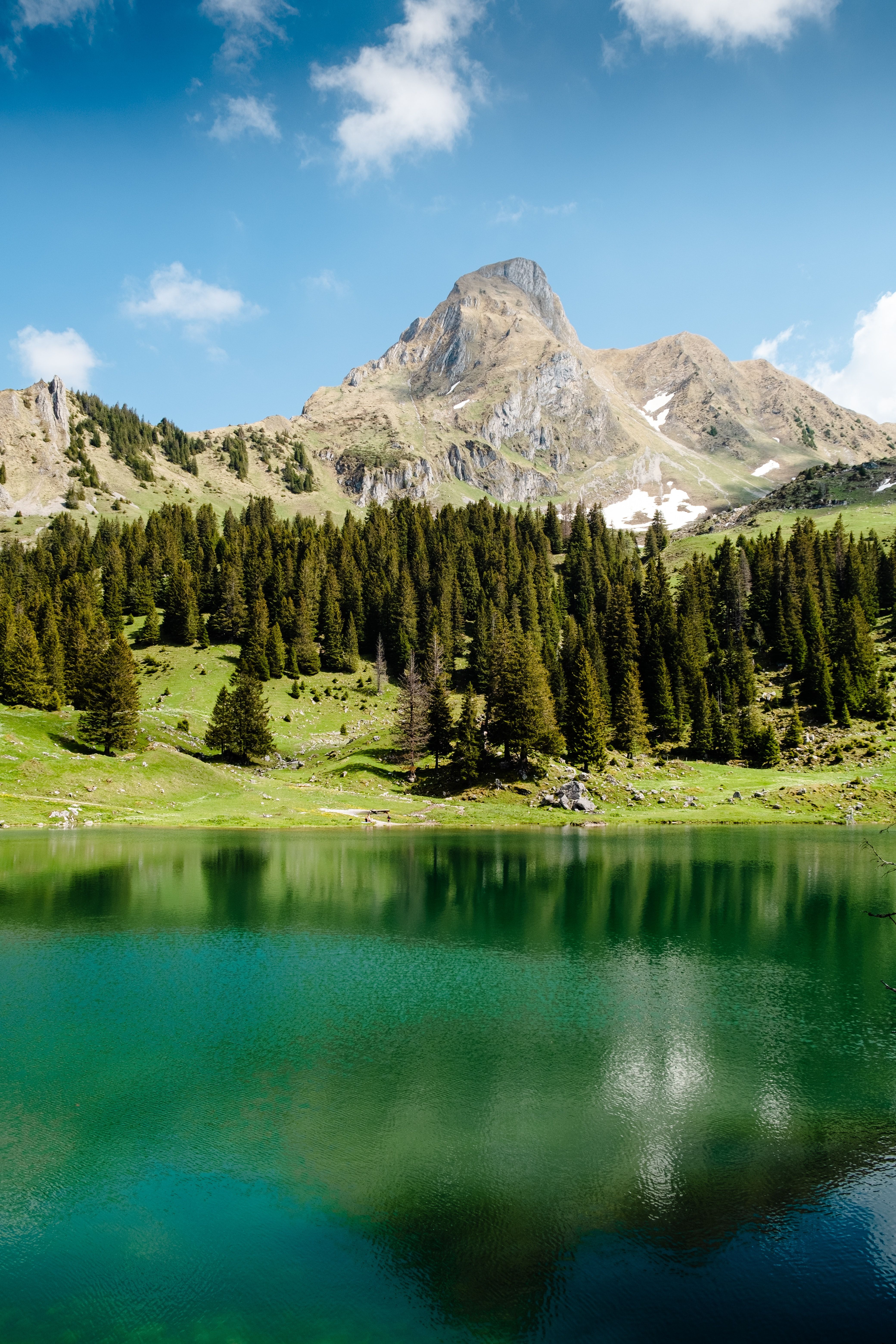 Gantrischseeli lake 4K Wallpaper, Pine trees, Spring, Reflection, Mountain, Peak, Switzerland, Nature