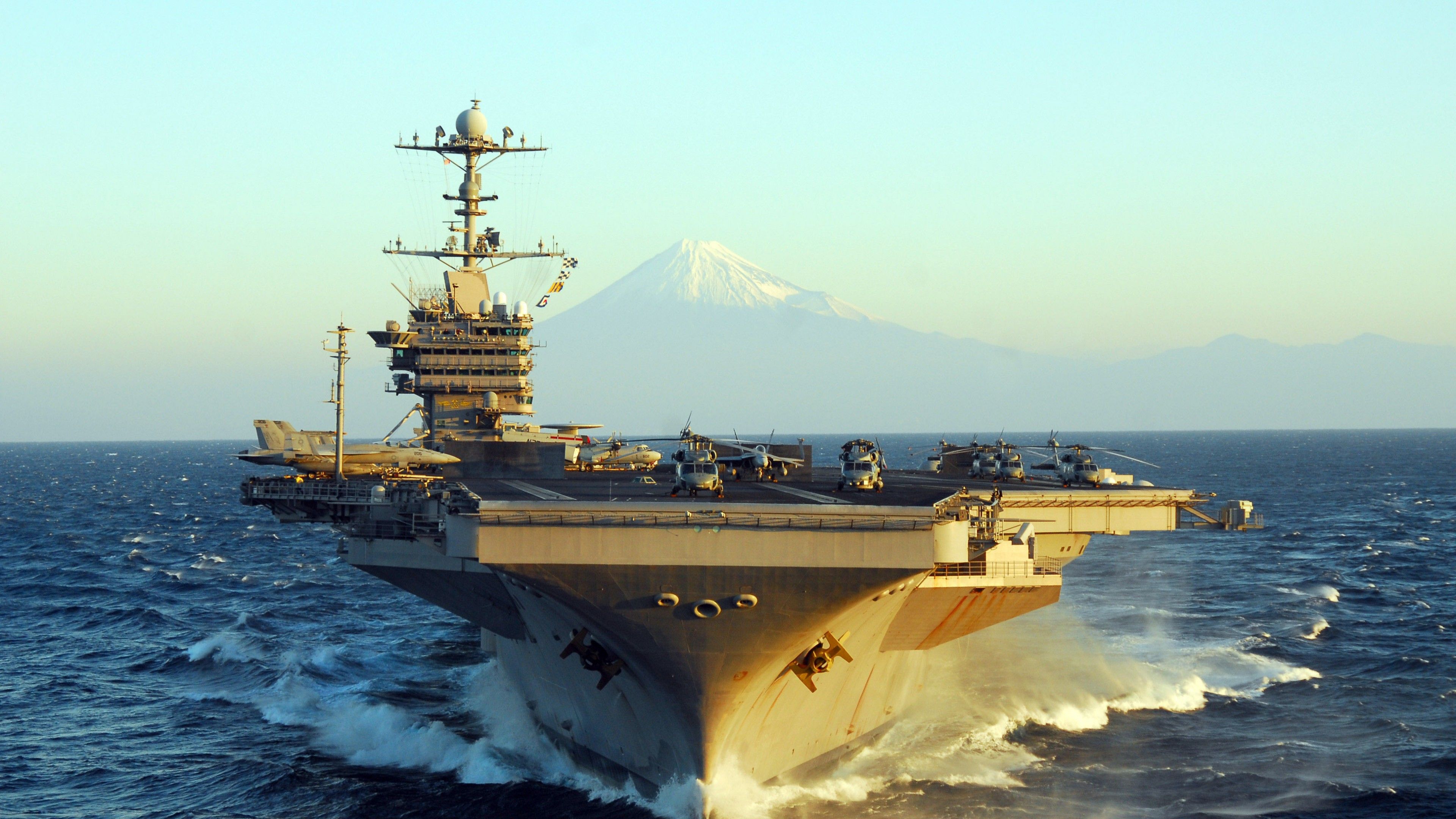 Wallpaper USS George Washington, CVN- aircraft carrier, Nimitz class, U.S.Navy, mountain, Fuji Japan, Military