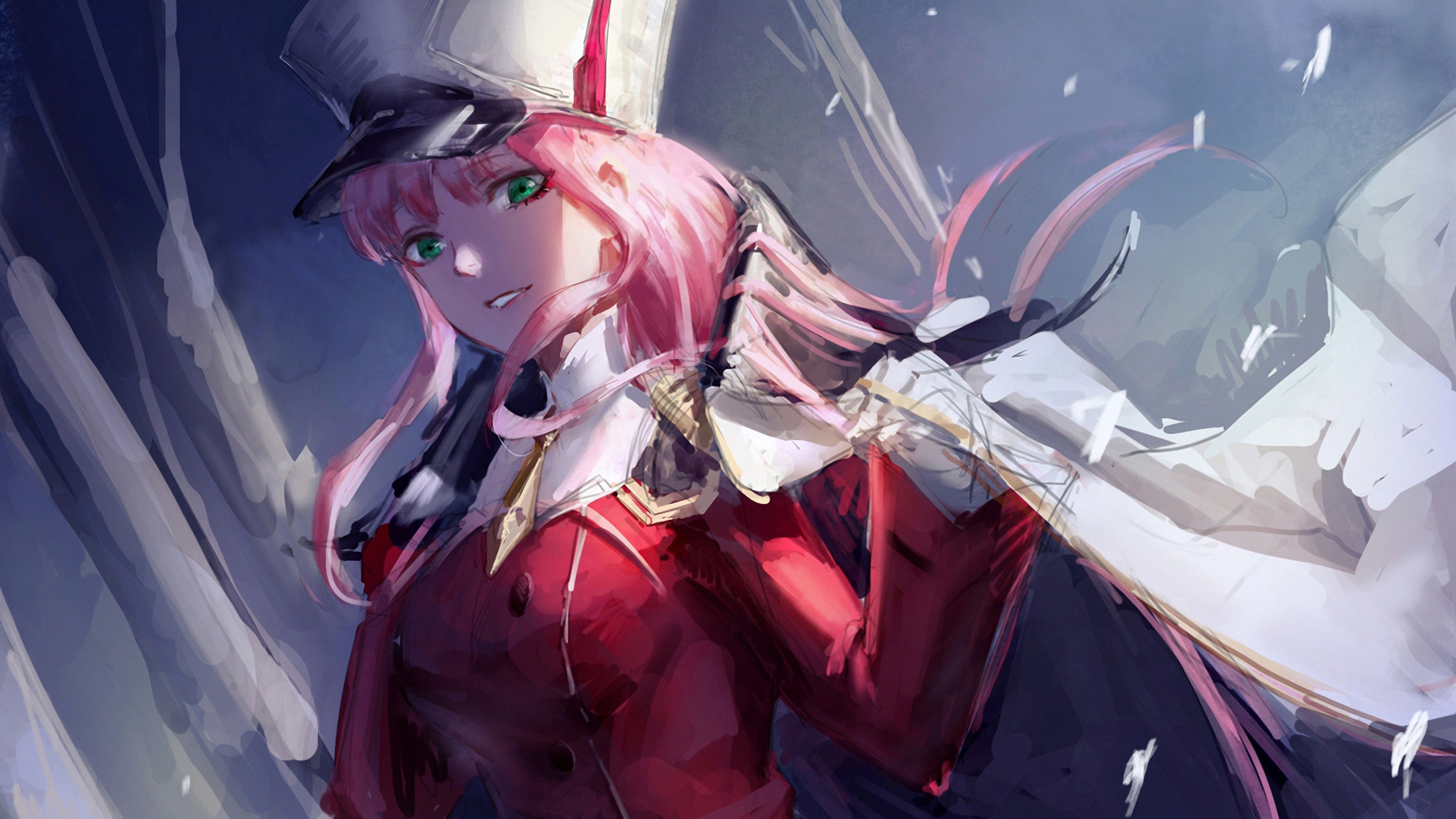 darling in the franxx zero two with hat with background of gray and blue 4k HD anime Wallpaper</a> Wallpaper