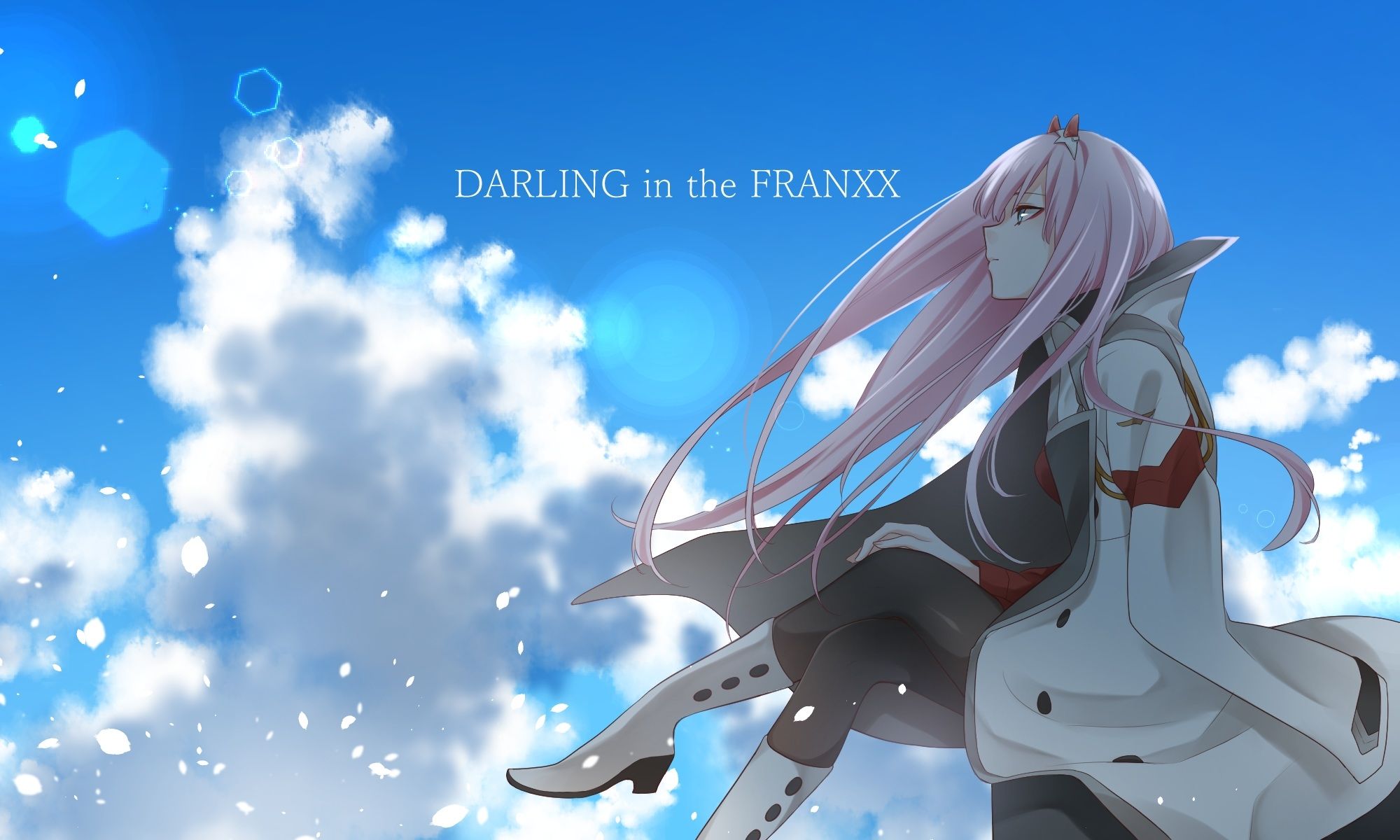 Download 2000x1200 Darling In The Franxx, Zero Two, Pink Hair, Clouds, Profile View, Coat Wallpapers