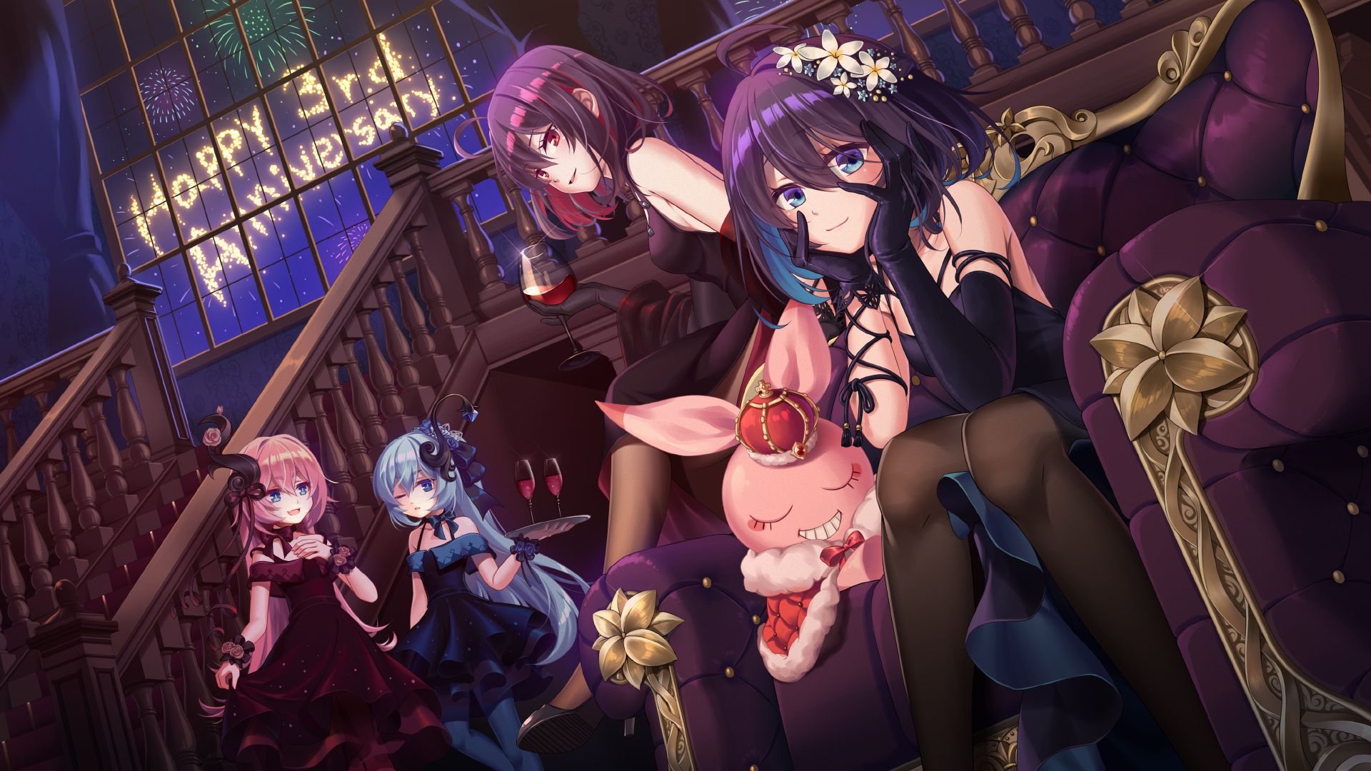 Aqua Hair Black Hair Blue Eyes Bow Dress Fireworks Flowers Gloves Group Honkai Impact Liliya Olenyeva Long Hair Nogi To Pink Hair Red Eyes Rozaliya Olenyeva Seele Vollerei Short Hair Veliona. Konachan.com