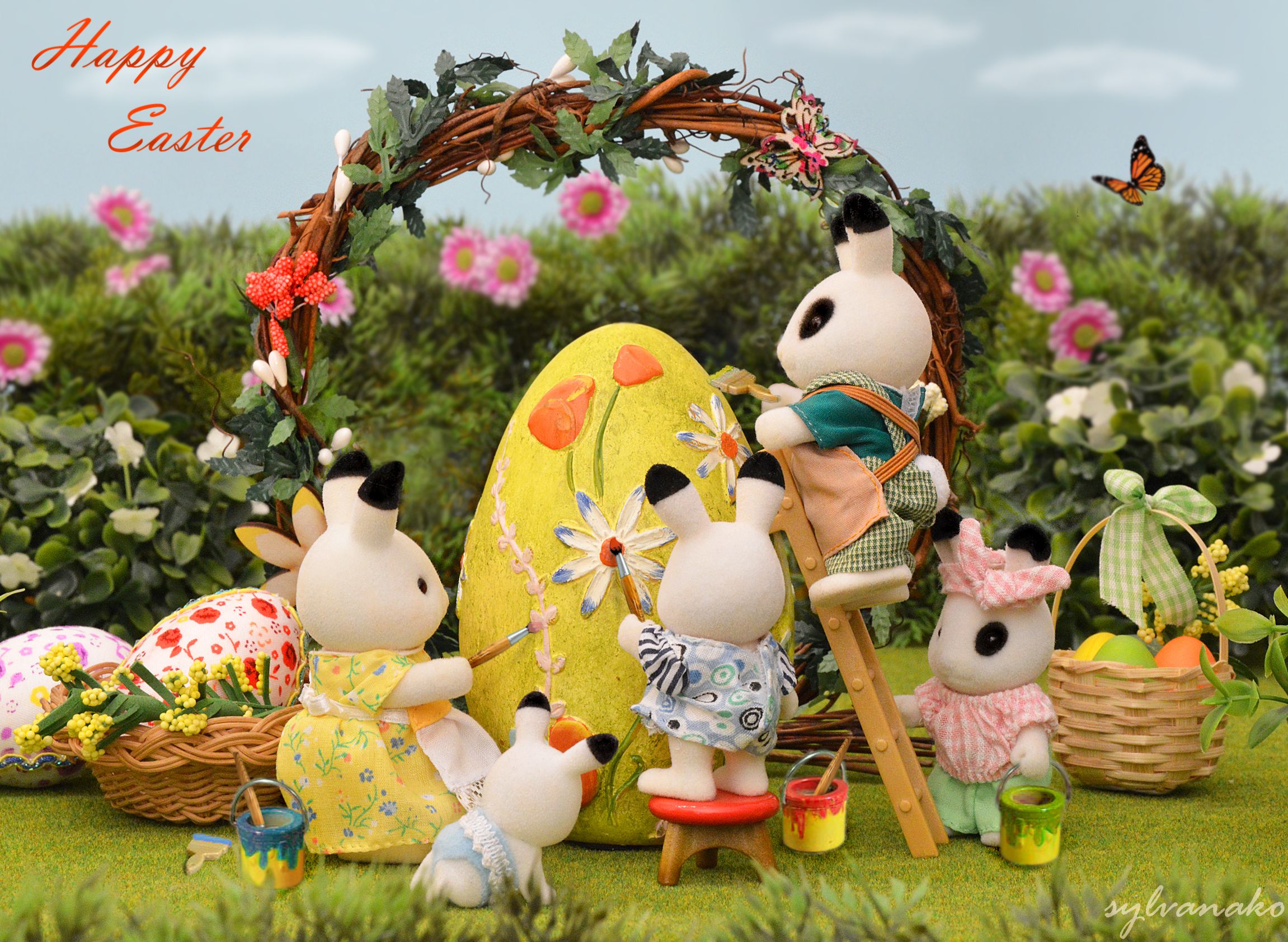 Wallpaper, flowers, cute, rabbit, playground, yard, garden, Toy, toys, spring, father, porch, calico, critters, ladder, rabbits, sylvanianfamilies, sylvanian, calicocritters 2302x1683