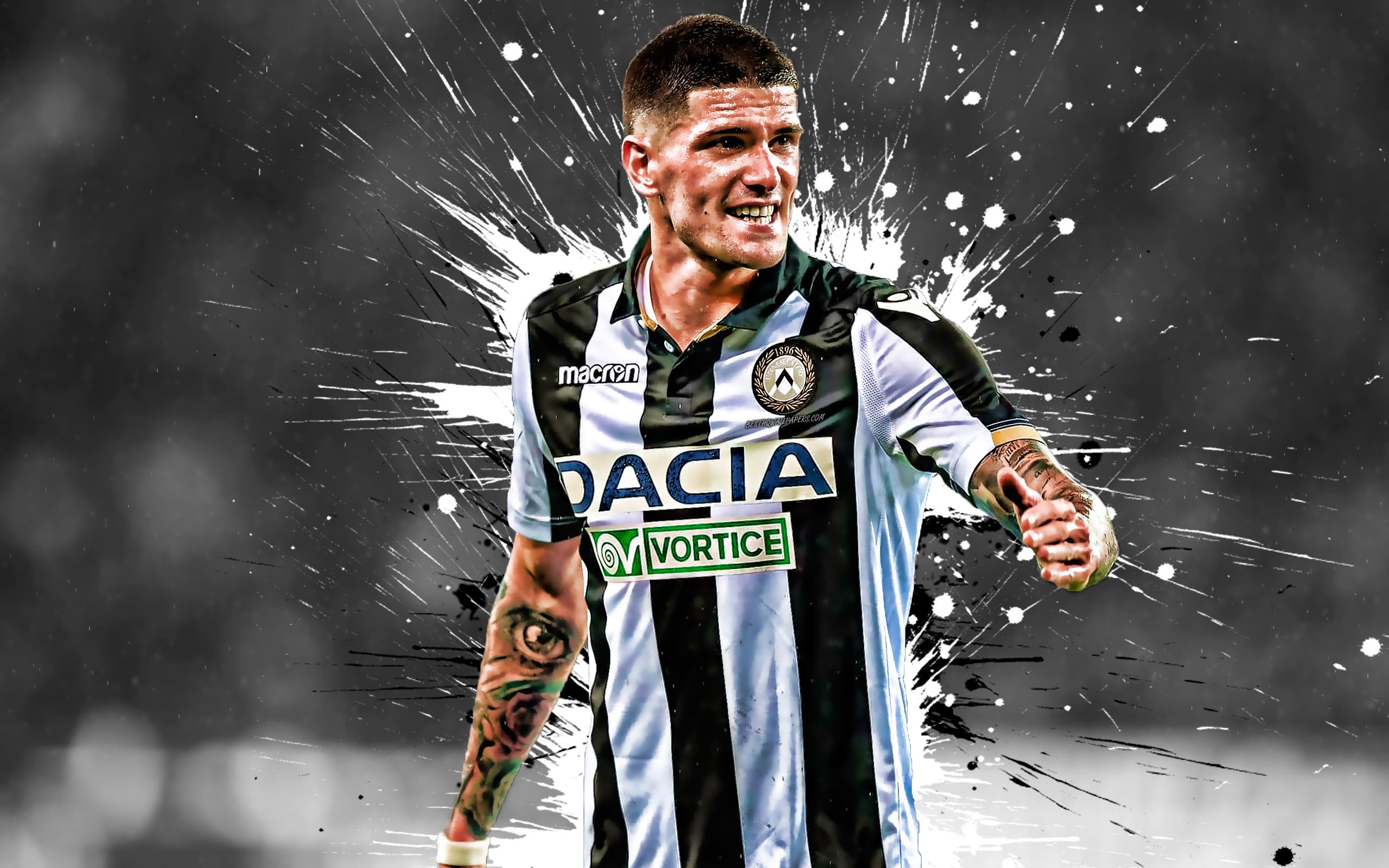 Download wallpaper Rodrigo De Paul, 4k, Argentinian football player, Udinese, Midfielder, white black paint splashes, creative art, Serie A, Italy, football for desktop with resolution 2560x1600. High Quality HD picture wallpaper
