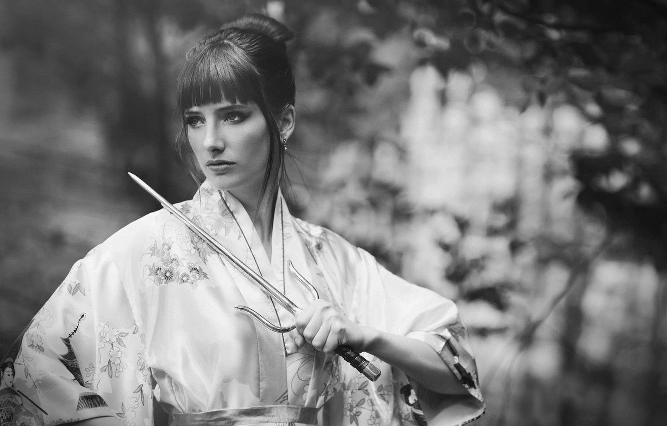 Wallpaper weapon, redhead, sai, susan coffey, martial arts, black & white, cultural, chinese outfit image for desktop, section девушки