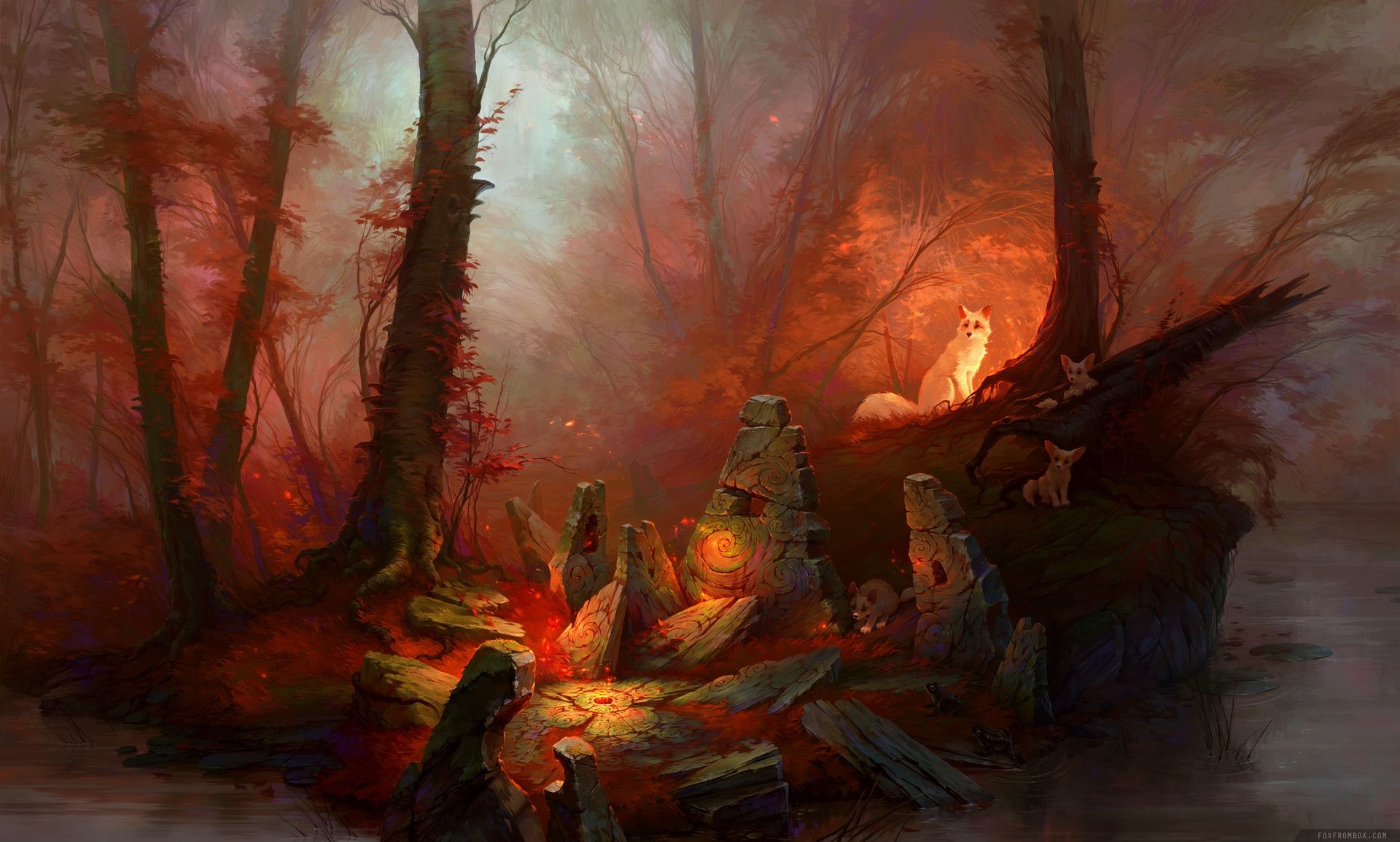 art, forest, fantasy, luminos, orange, fox, stone, alina ivanchenko, vulpe