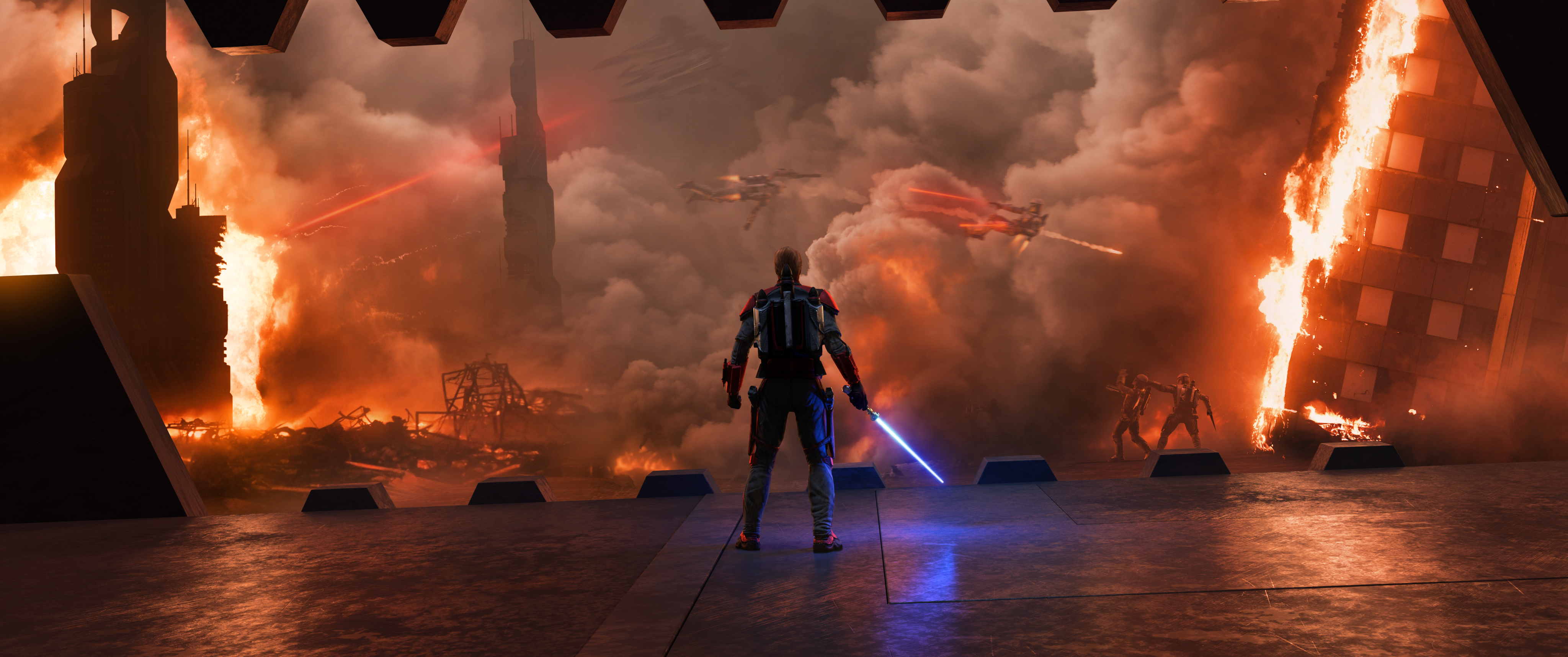 Battle Explosion Lightsaber Obi Wan Kenobi Smoke Star Wars Warrior Wallpaper:4096x1716