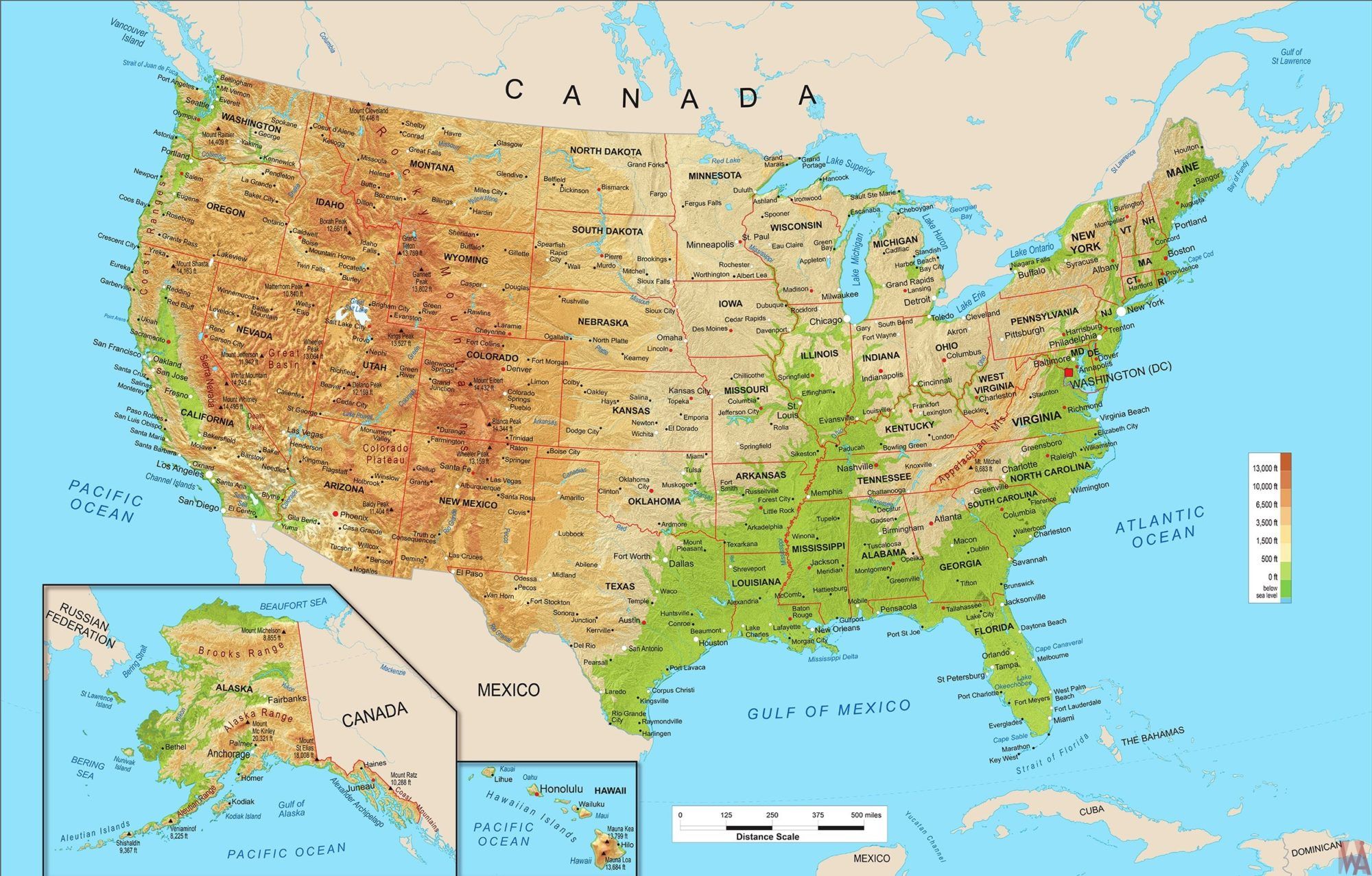 Large Political, Physical, Geographical Map of United States of America