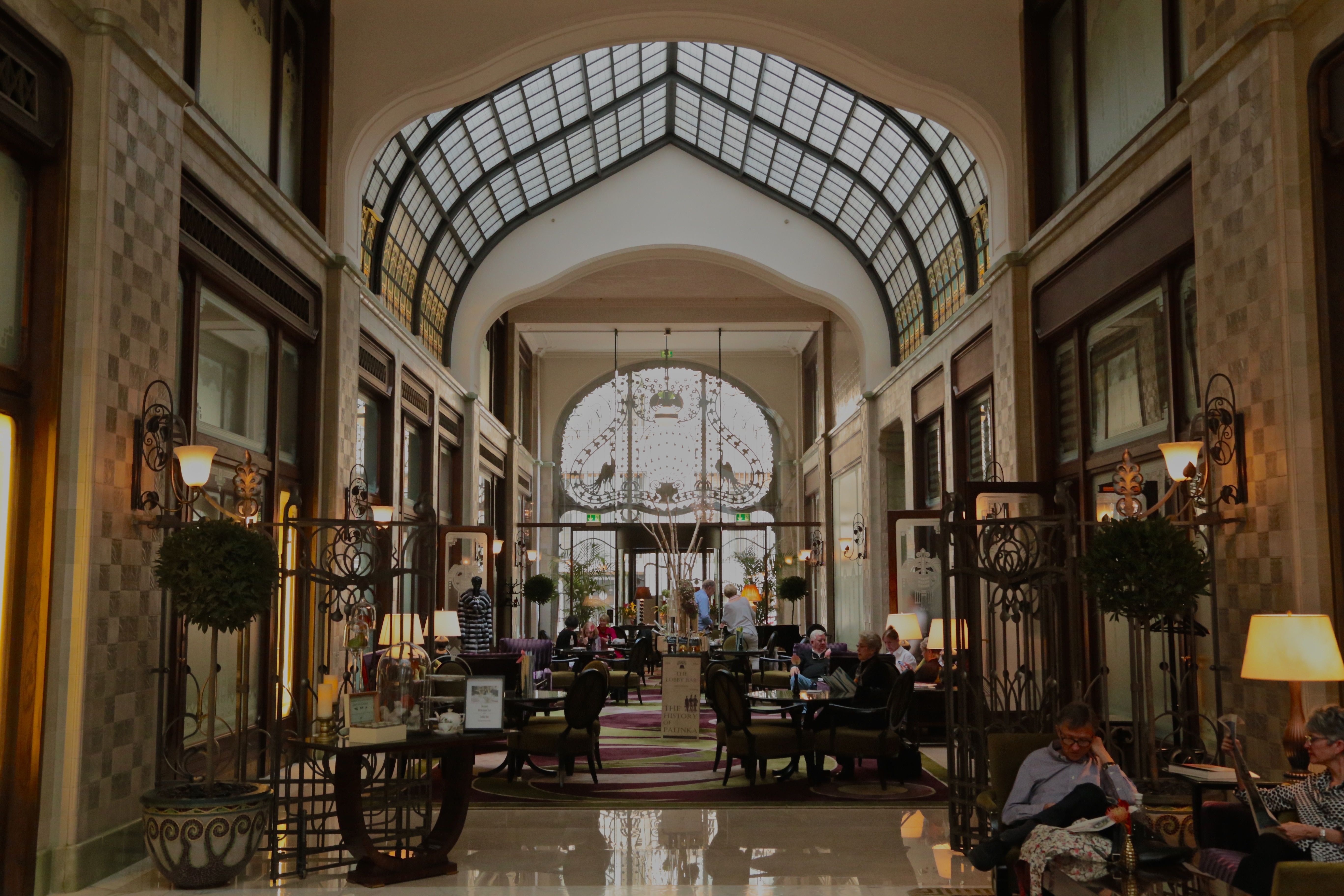 Wallpaper, window, city, building, arch, interior design, Budapest, Hungary, arcade, Inside, reflections, lobby, tourist attraction, artnouveau, greshampalace, fourseasonshotel 5472x3648