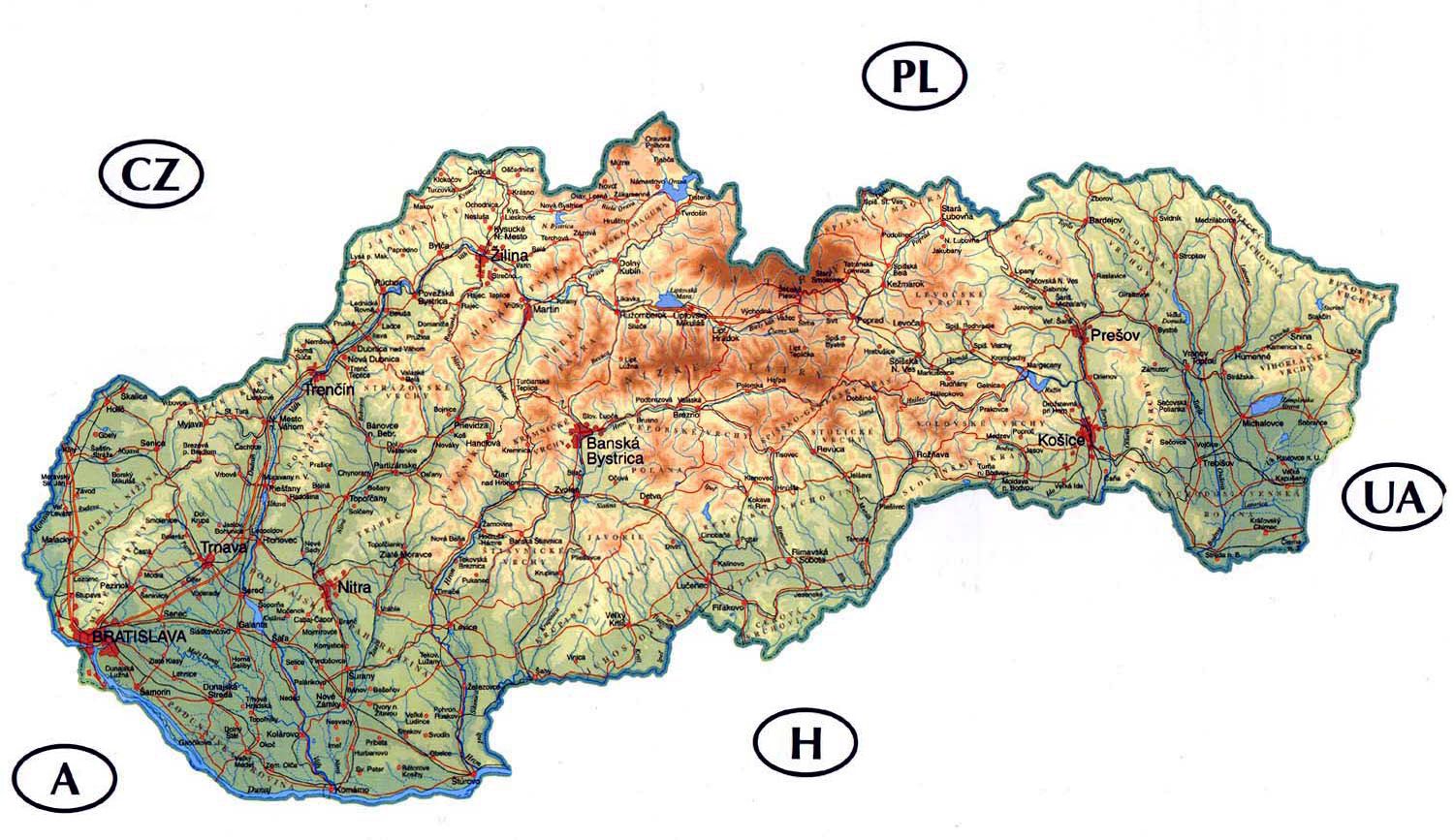 Detailed road and physical map of Slovakia. Slovakia detailed road and physical map. Vidiani.com. Maps of all countries in one place