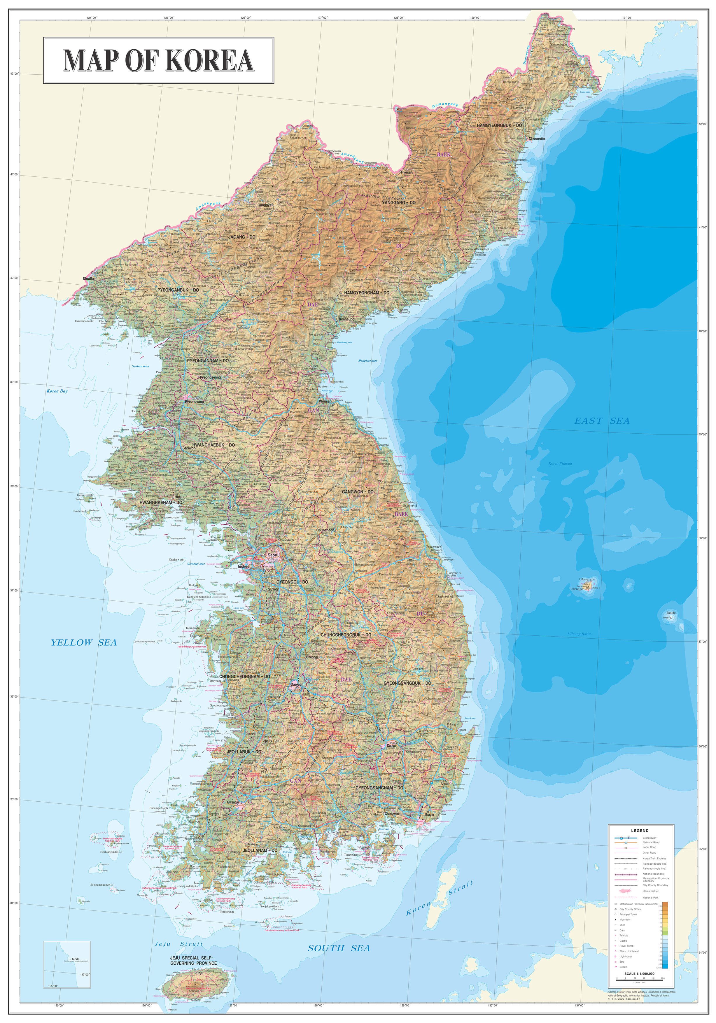 Large detailed physical map of North and South Korea. North and South Korea large detailed physical map. Vidiani.com. Maps of all countries in one place