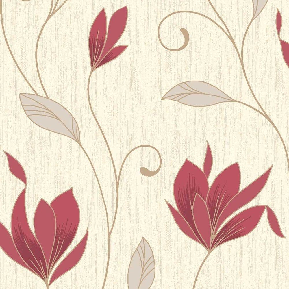 Vymura Synergy Glitter Floral Wallpaper Rich Red Cream Gold from I Love Wallpaper UK