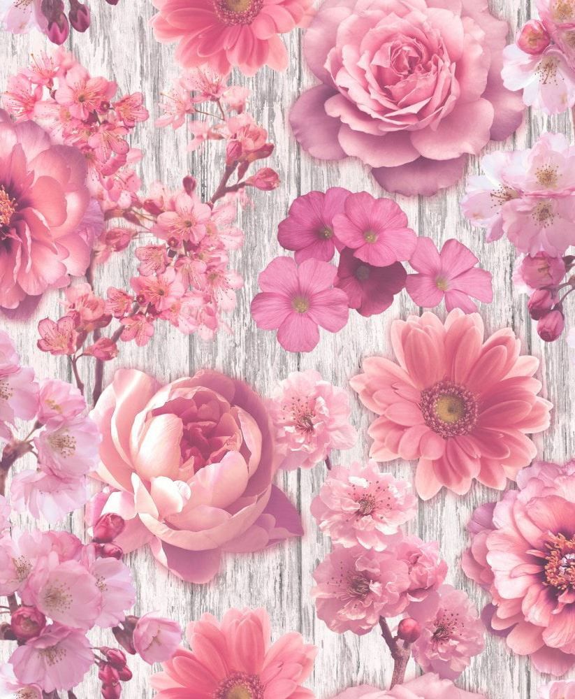 Pink Rose Wallpaper Petal Flowers Floral Wood Effect Silver Glitter Gerbera