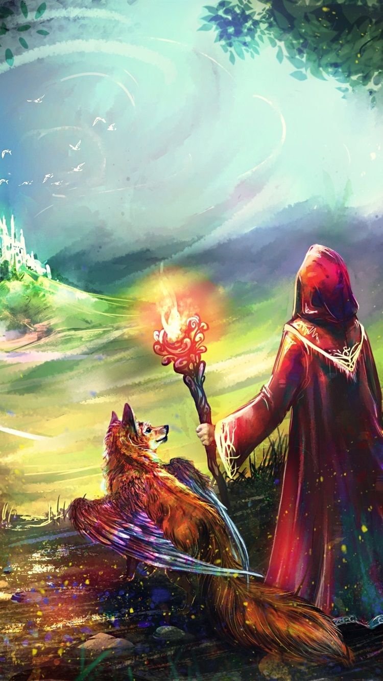 Art Painting, Fantasy World, Castle, Fox, Wings, Fire, People 750x1334 IPhone 8 7 6 6S Wallpaper, Background, Picture, Image