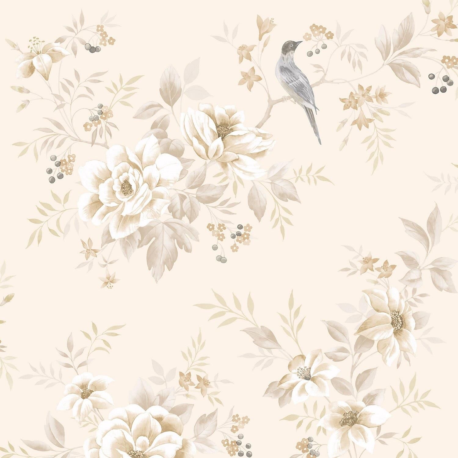 Fine Decor Liora Natural Cream Beige Floral Glitter Wallpaper Leaf Paste Wall