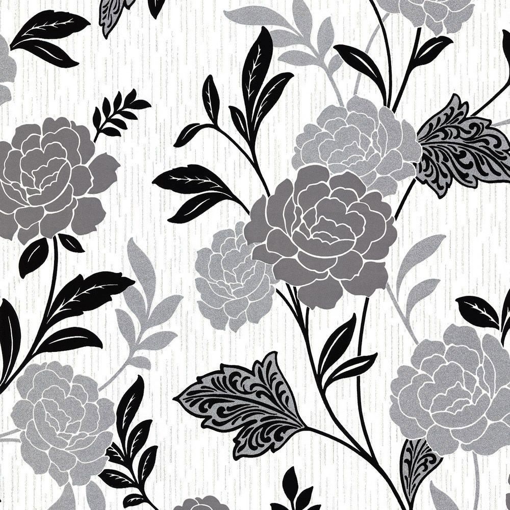 Black White Silver Flower Floral Wallpaper Textured Vinyl Glitter Carla Arthouse