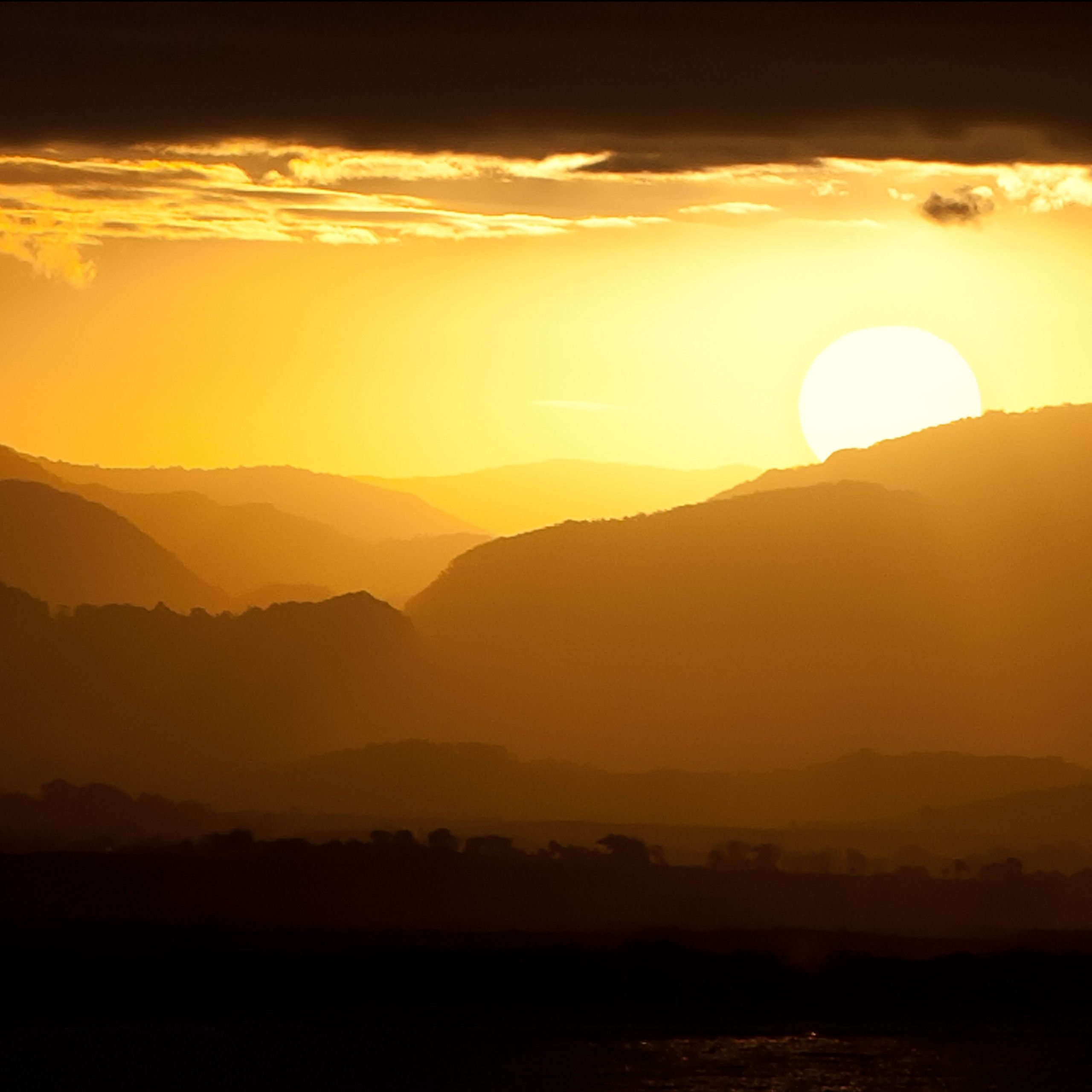 Sunset 4K Wallpaper, Landscape, Mountains, Yellow sky, Silhouette, Nature