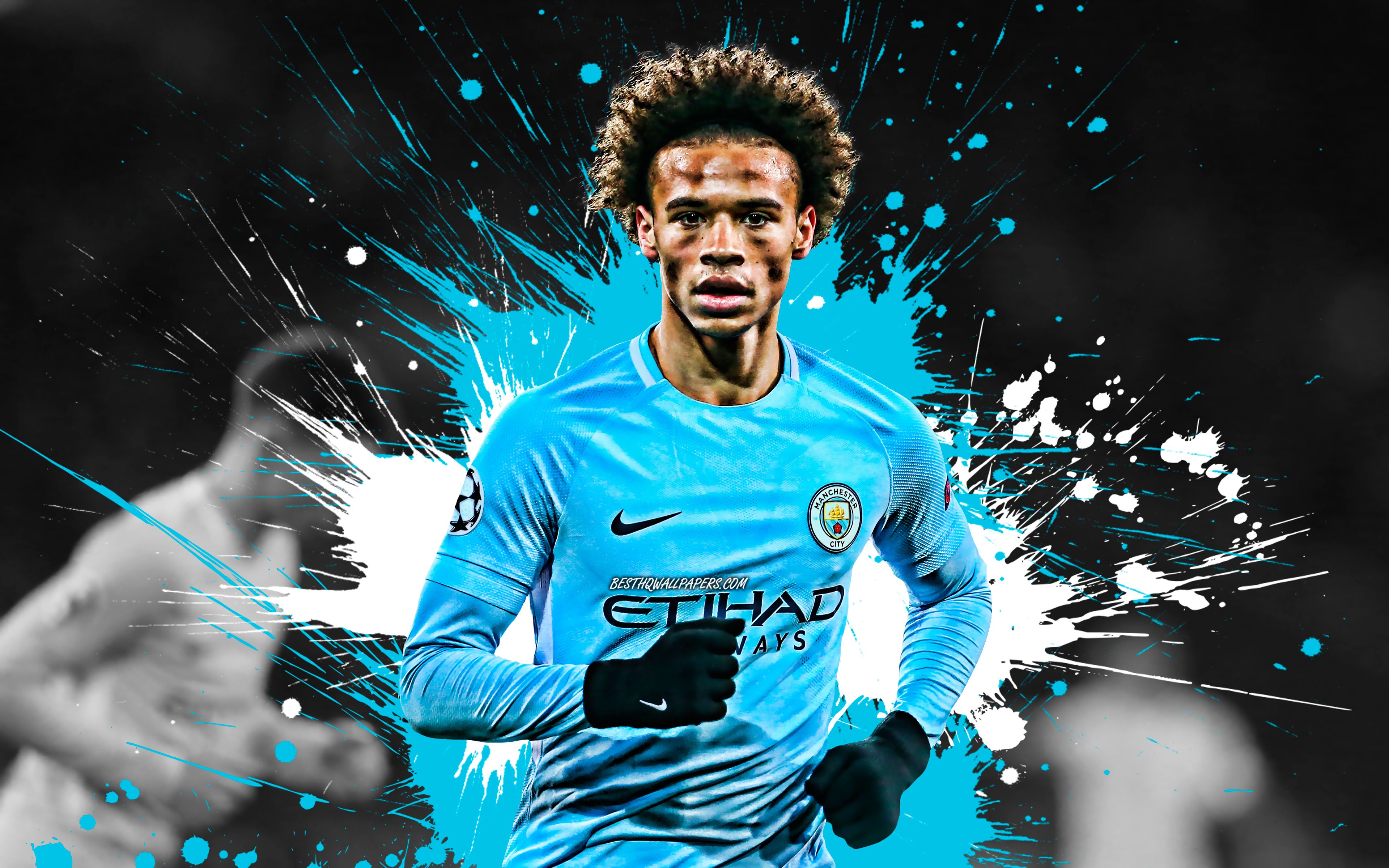 Download wallpaper Leroy Sane, 4k, blue and white blots, german footballers, Manchester City FC, soccer, Sane, midfielder, Premier League, Man City, footballers, grunge for desktop with resolution 3840x2400. High Quality HD picture
