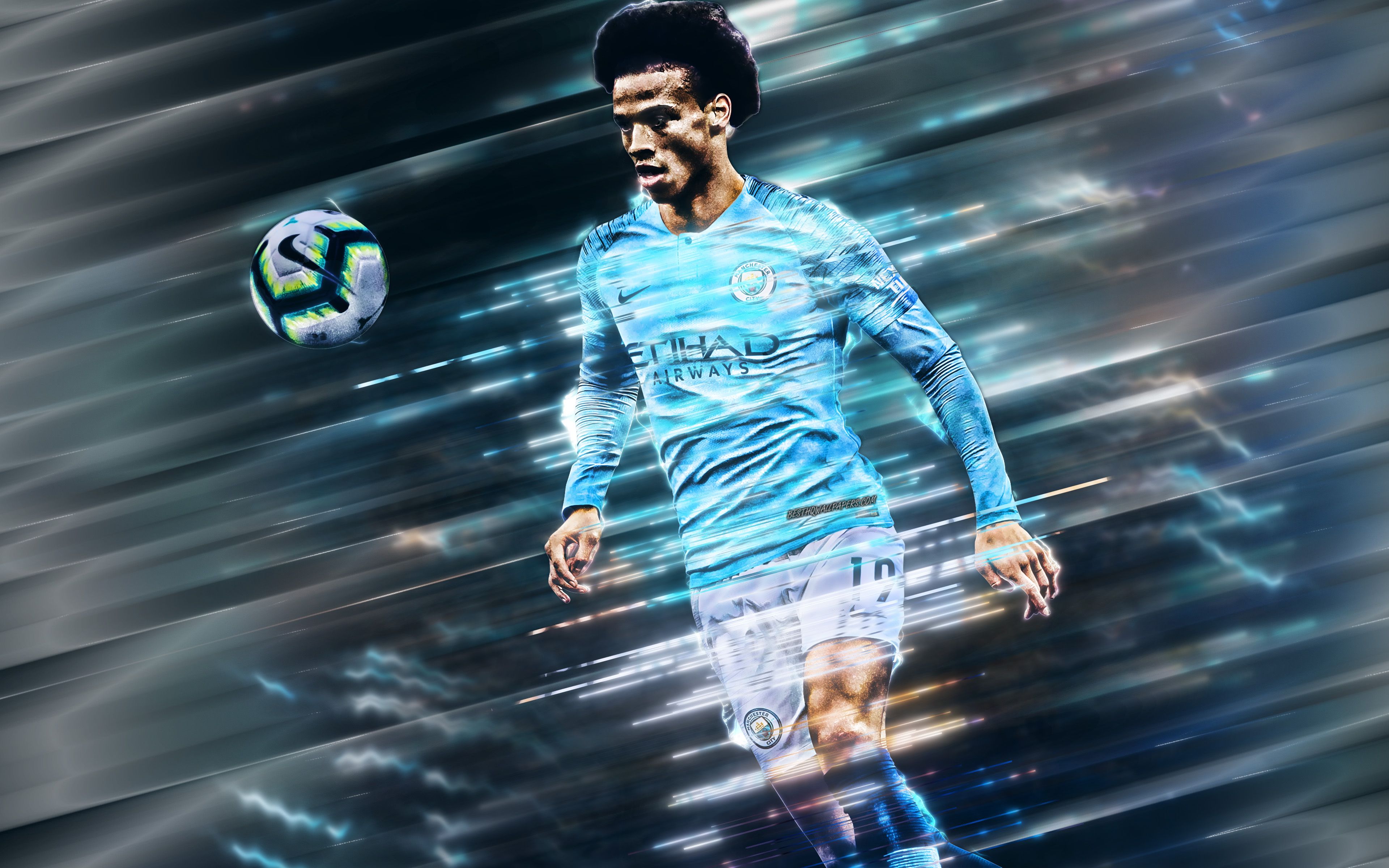 Download wallpaper Leroy Sane, portrait, art, Manchester City FC, German football player, striker, England, football, Man City for desktop with resolution 3840x2400. High Quality HD picture wallpaper