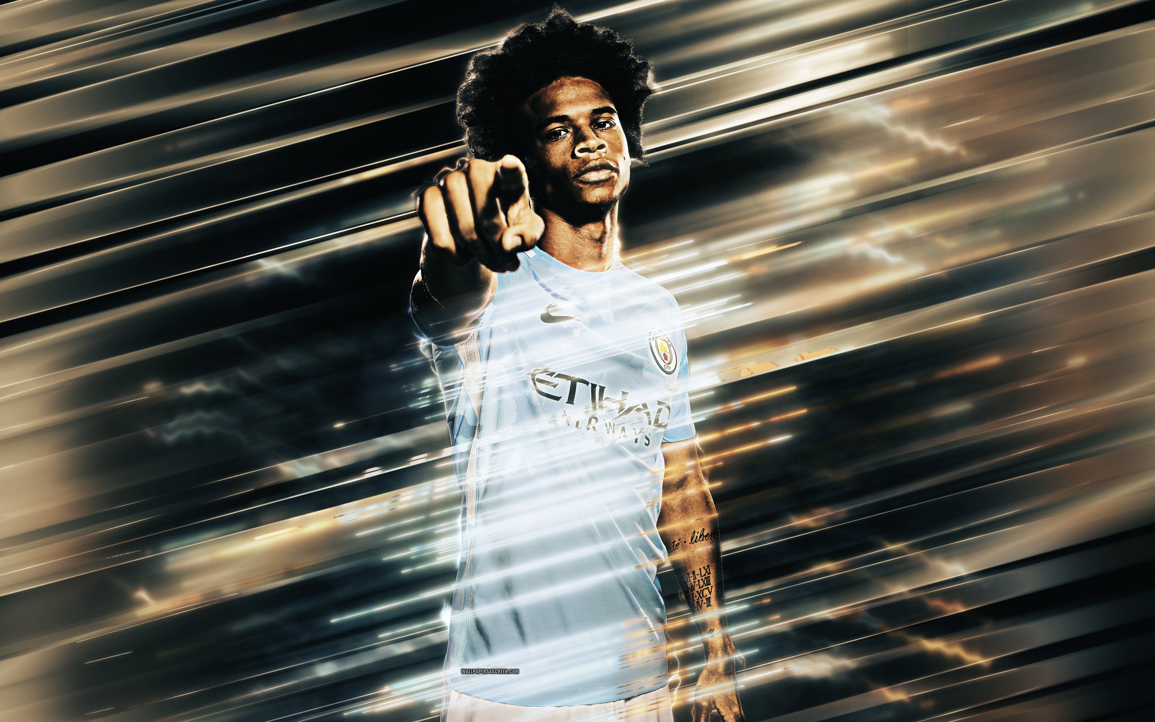 Download wallpaper Leroy Sane, portrait, Manchester City FC, German football player, striker, Premier League, England, football for desktop with resolution 3840x2400. High Quality HD picture wallpaper